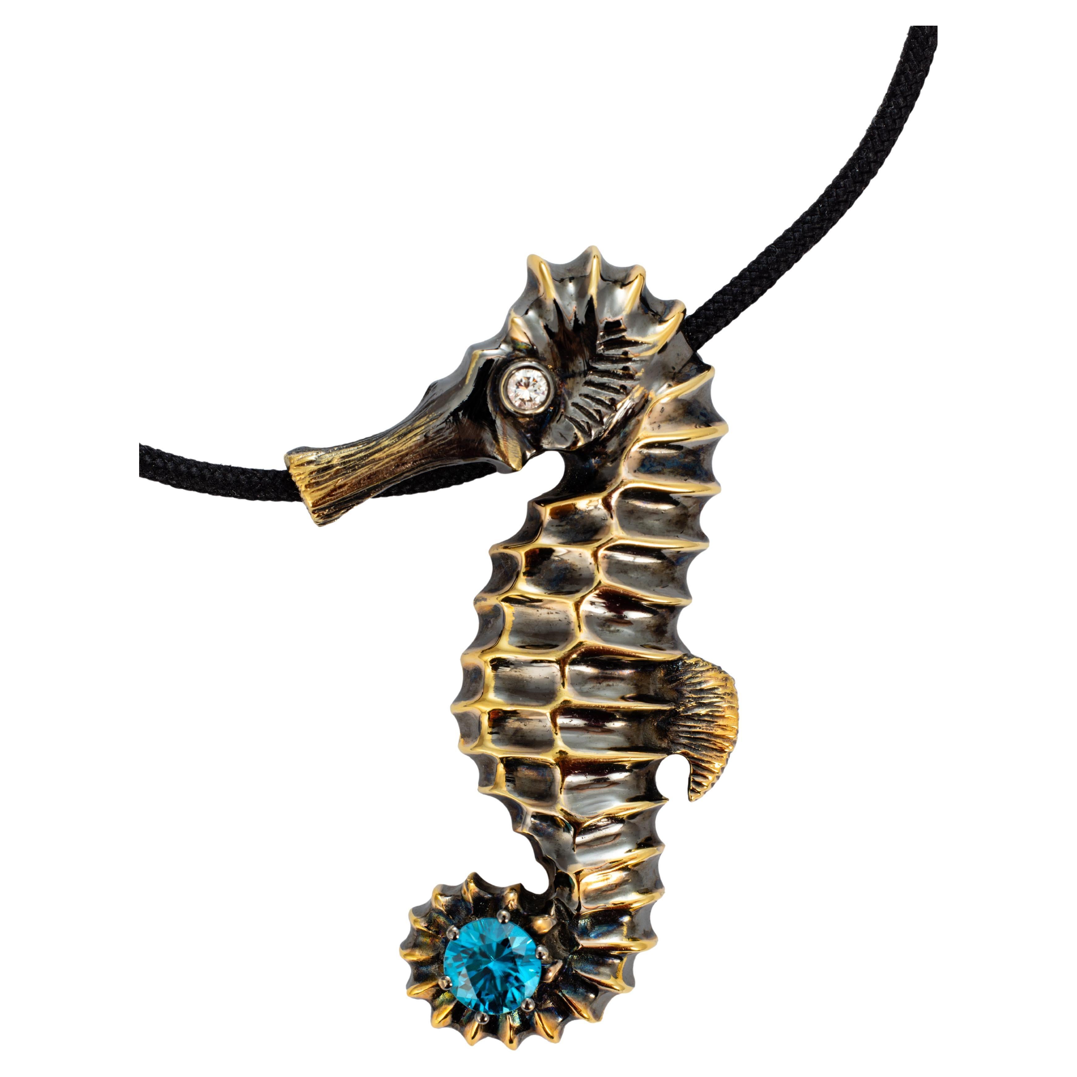 "Costis" Seahorse Necklace with 1.77 carats Natural Blue Zircon and Diamond For Sale