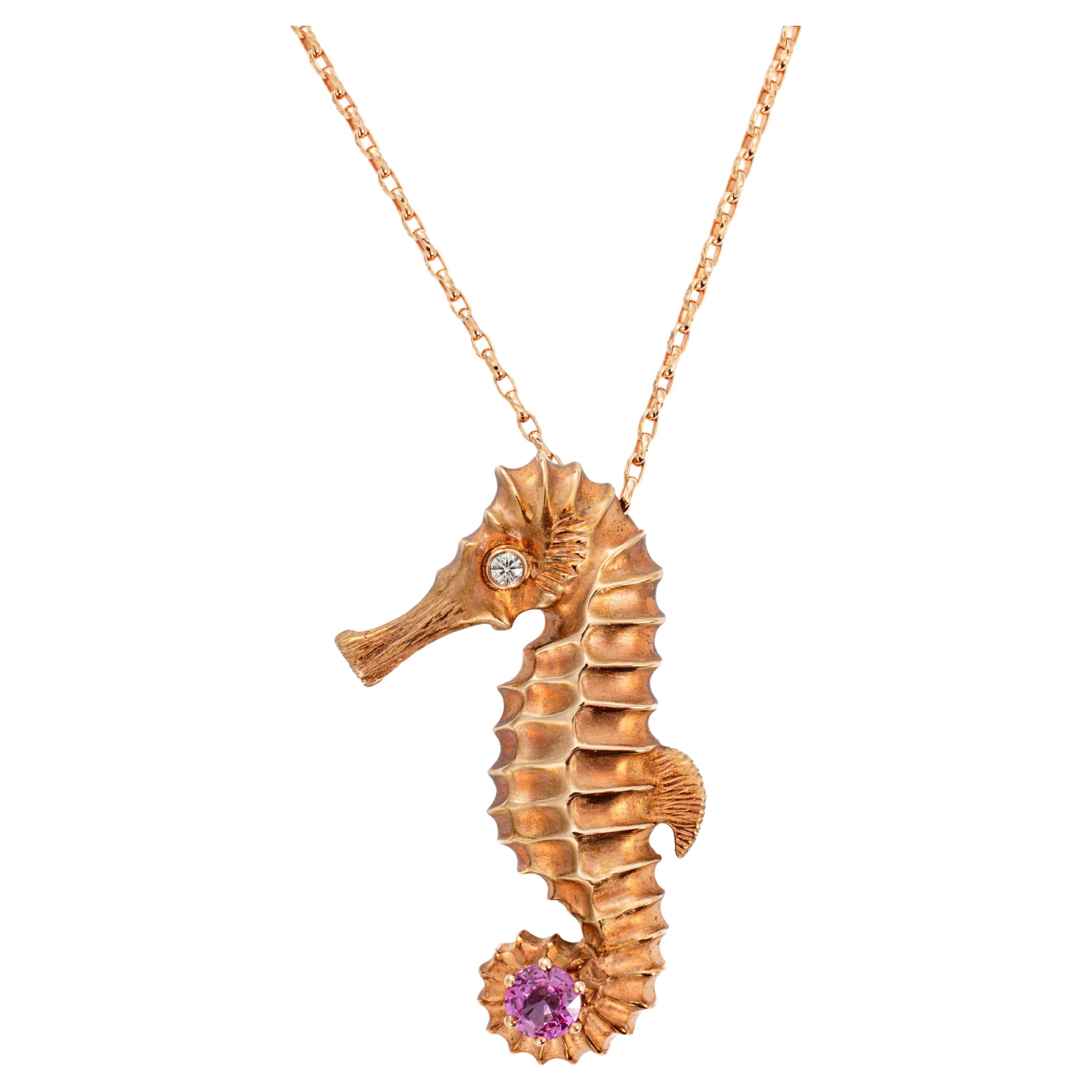 "Costis" Seahorse Necklace with 1.77 carats Pink Sapphire and Diamond For Sale