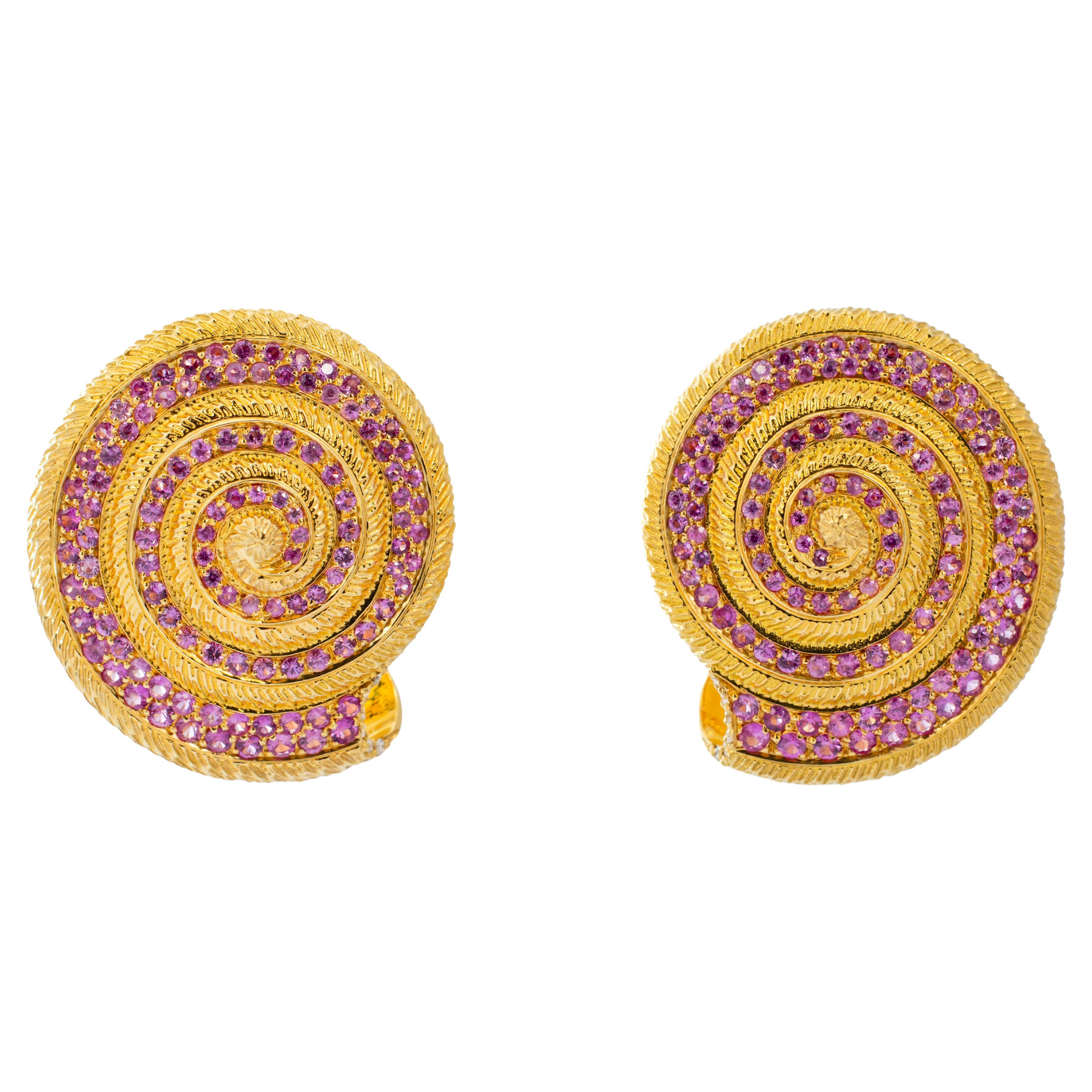 "Costis" Snail Shell Frontal Earrings, Pave' with 4.07 Carats of Pink Sapphires For Sale