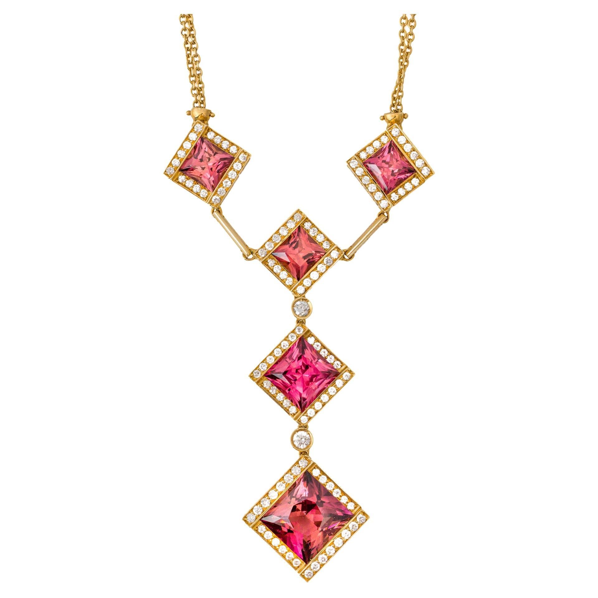 "Costis" Square In Motion Necklace with 11.13 carats Pink Tourmalines, Diamonds For Sale