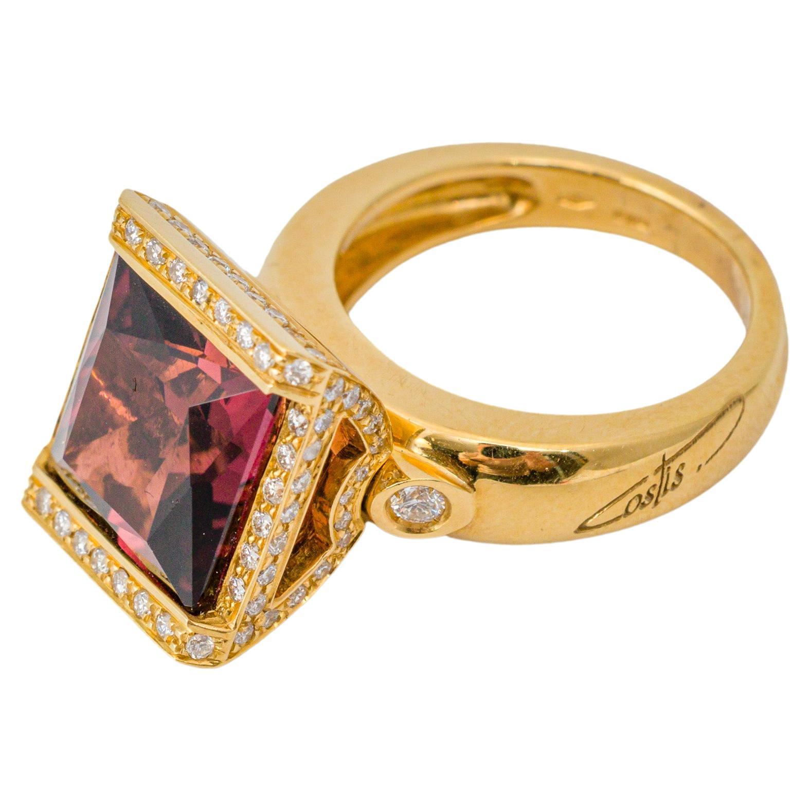 Bague carrée « Costis » en mouvement avec tourmaline rose de 8,36 carats et diamants