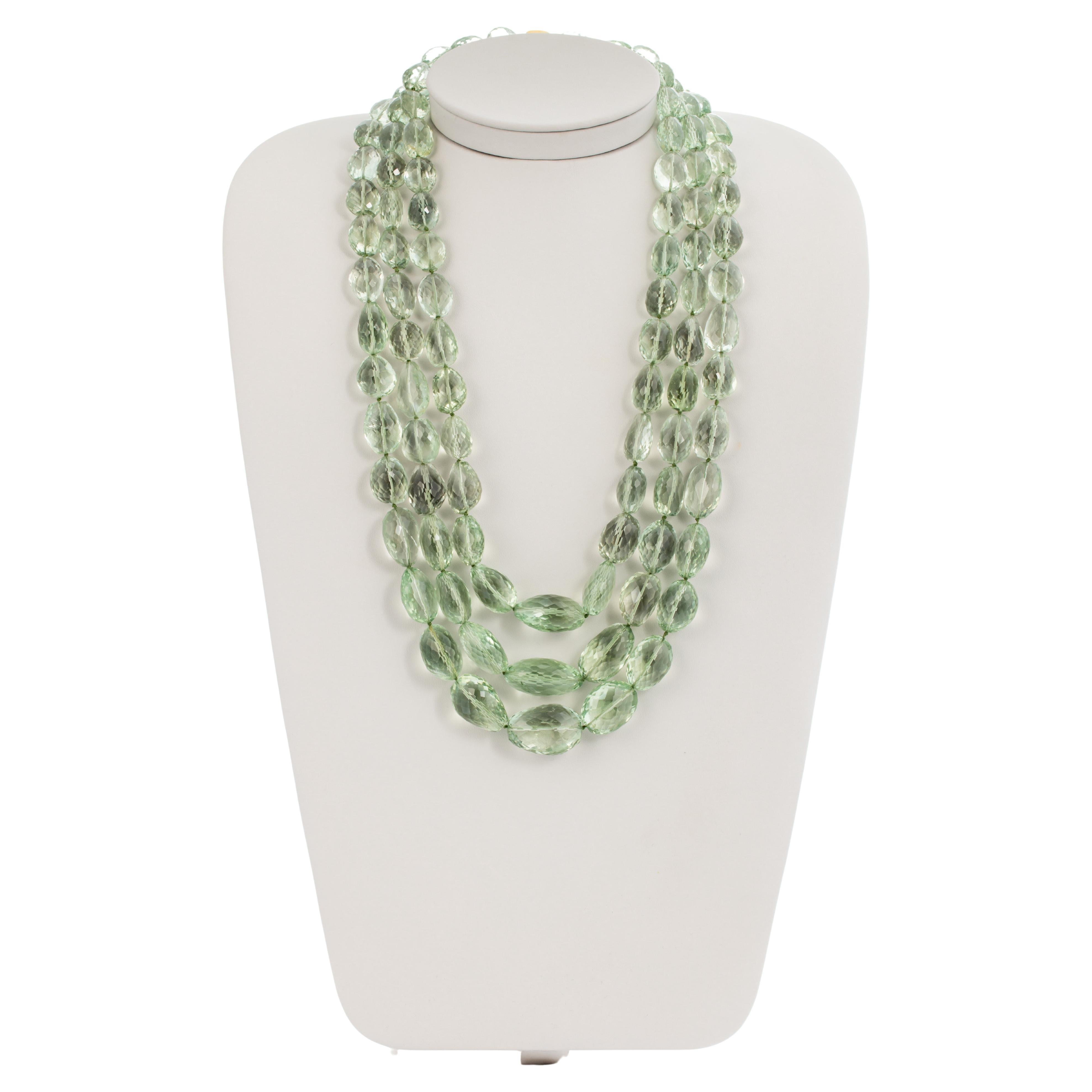 "Costis" Triple-Strand Necklace with Multi Green Amethyst Beads tot. 1900 cts   For Sale