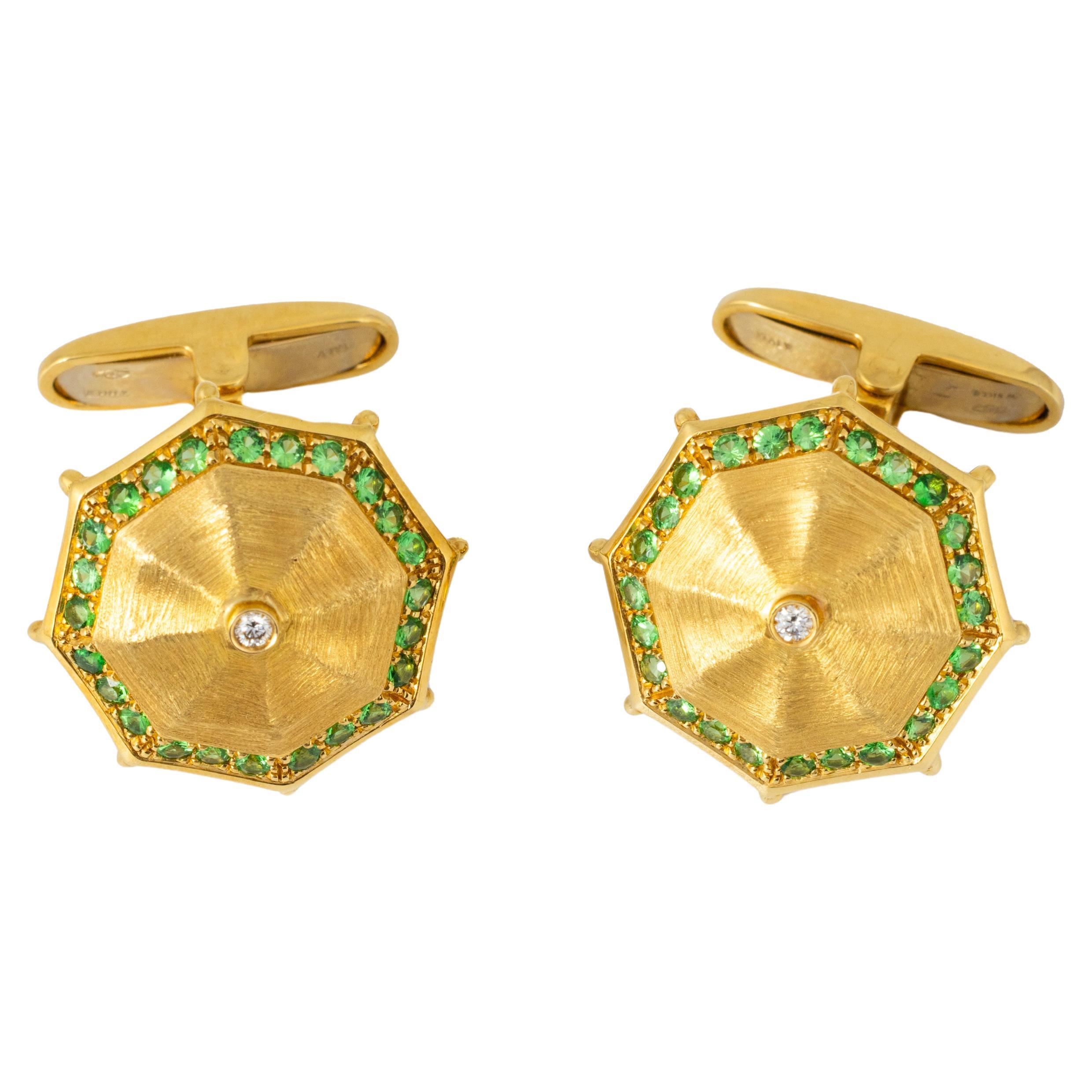 "Costis" Umbrella Collection Cufflinks YG with 0.76 carats Tsavorites on the rim For Sale