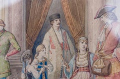 Framed watercolour, “Costume ball scene”, circa 1850