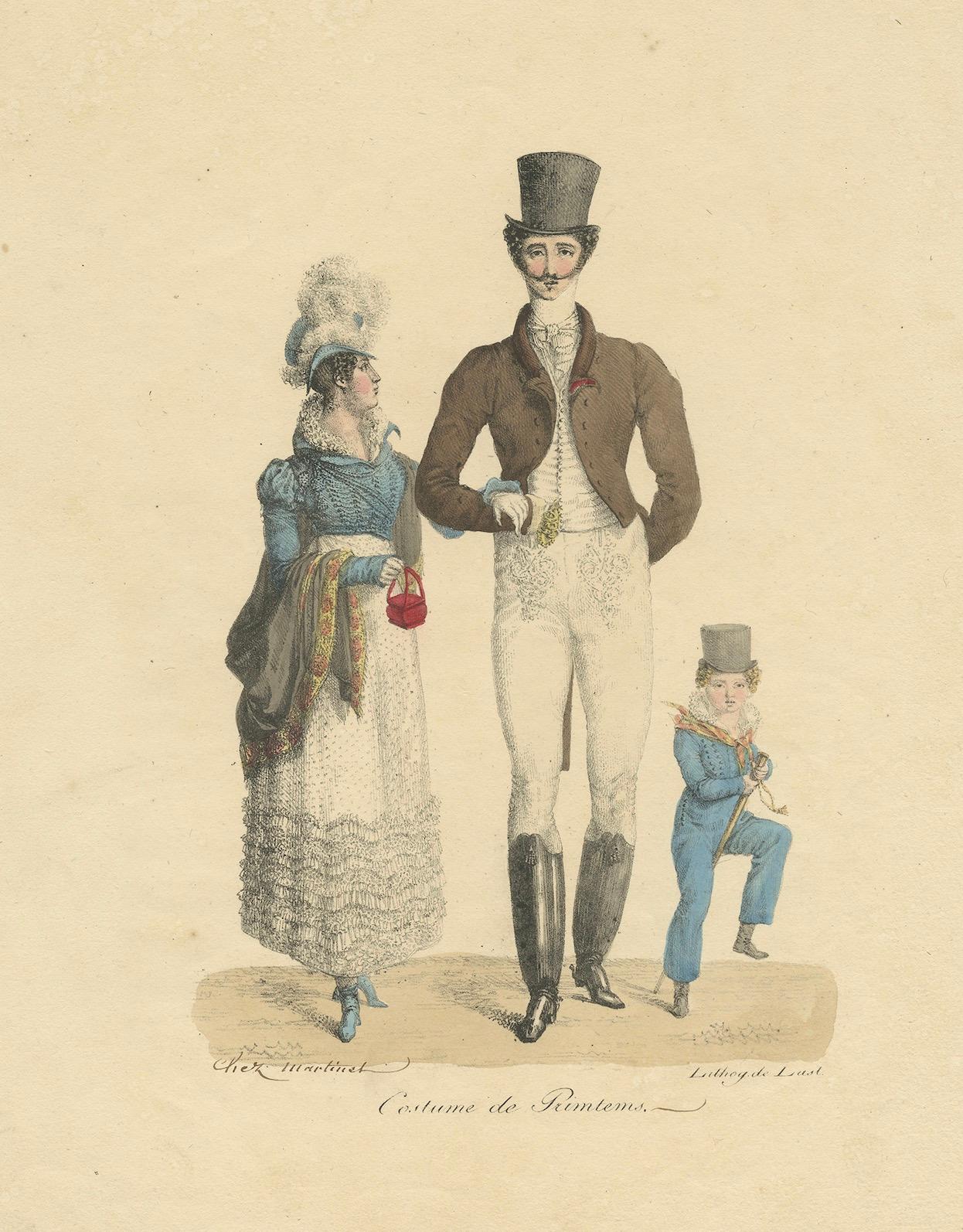 Costume de Printemps – Elegant Early 19th-Century French Fashion Engraving For Sale 1