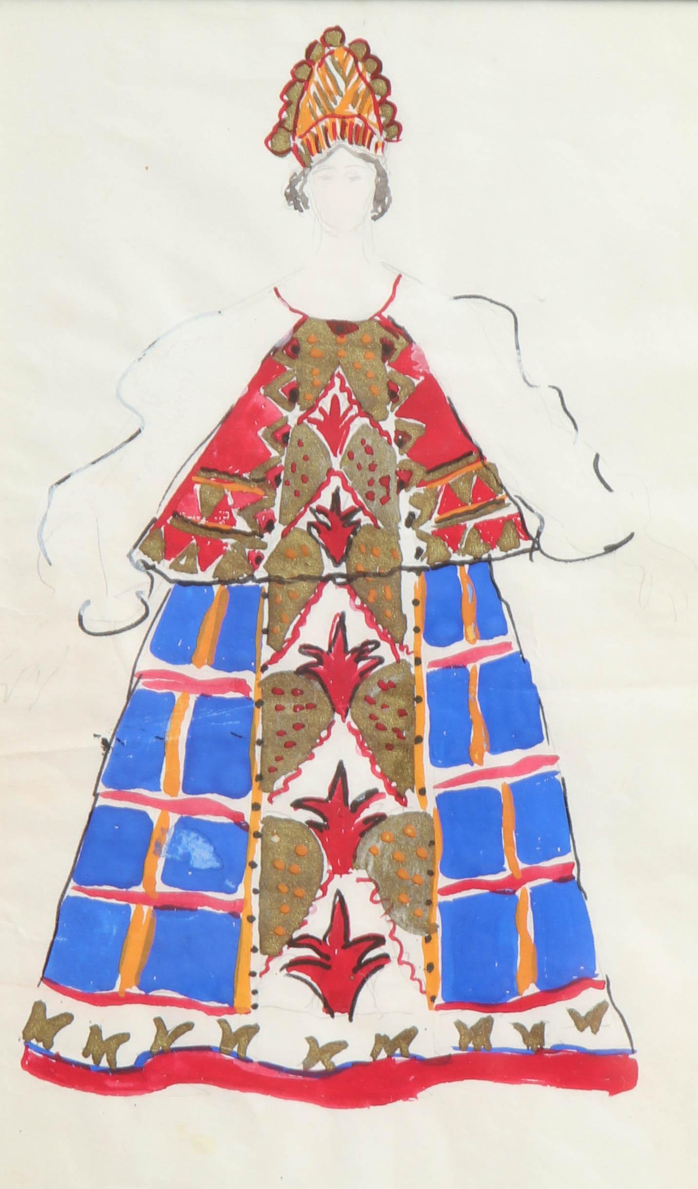Watercolor with pencil and ink of a traditional Russian folk costume in cobalt blue, red, and gold designed for the Ballets Russes. In addition to designing costumes for the ballet company, Kachurovsky also was a lead dancer and a choreographer.