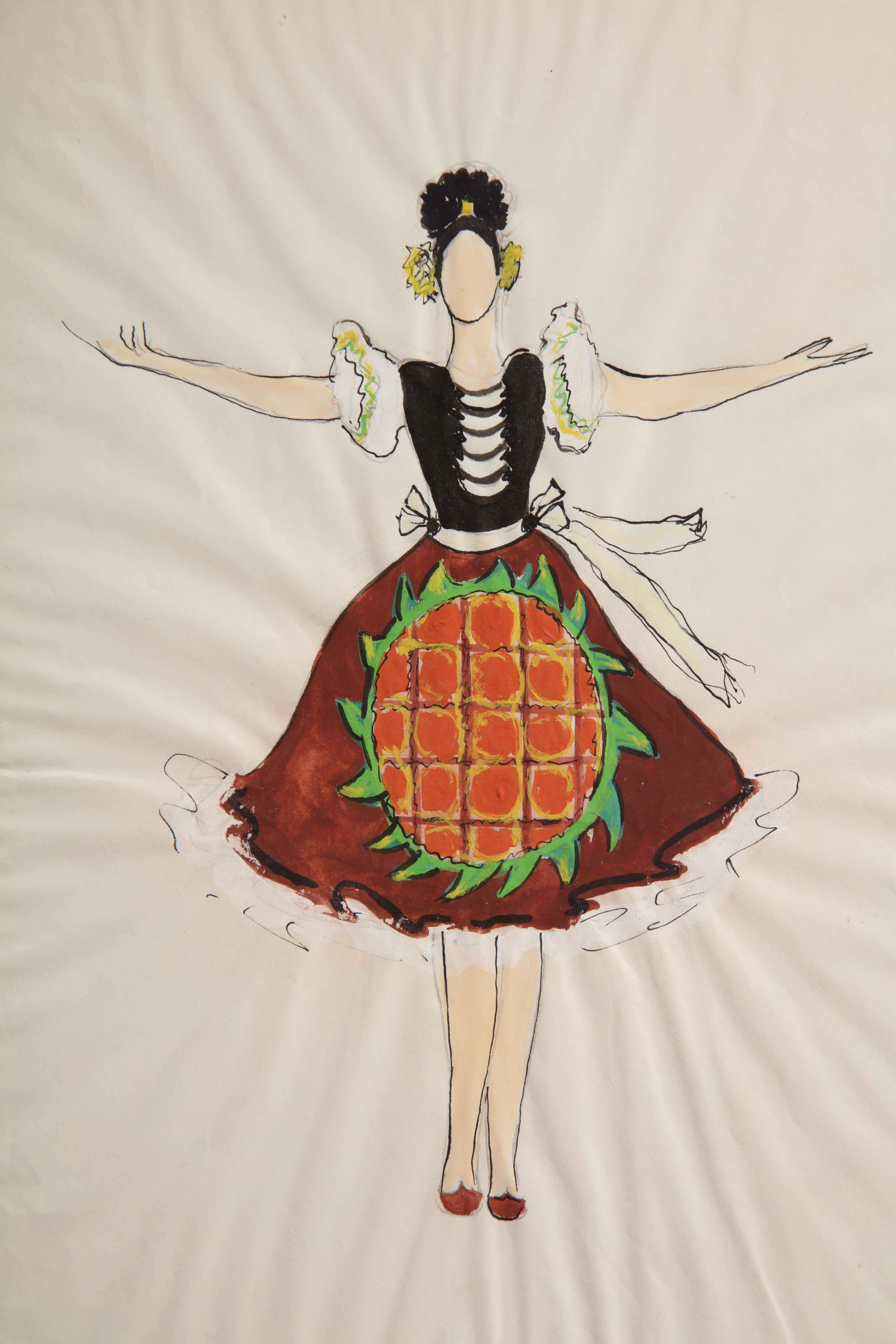 Aquarell mit Bleistift und Tusche einer jungen Frau in einer traditionellen russischen Tracht, die für die Ballets Russes entworfen wurde. Kachurovsky entwarf nicht nur Kostüme für die Ballettkompanie, sondern war auch Vortänzer und Choreograf.