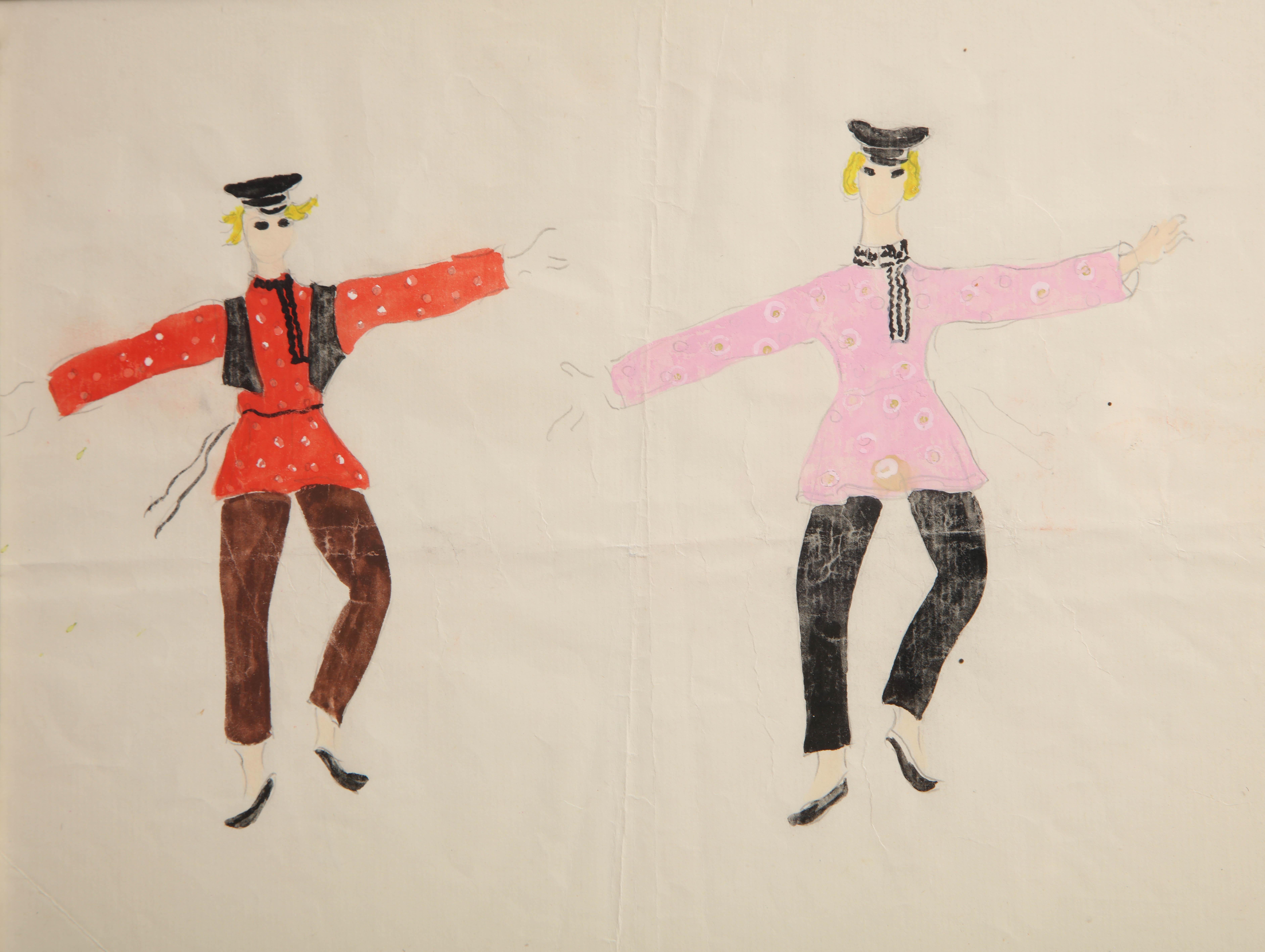 Watercolor with pencil and ink of a two men dancing in traditional Russian folk costumes in red and pink designed for the Ballets Russes. In addition to designing costumes for the ballet company, Kachurovsky also was a lead dancer and a