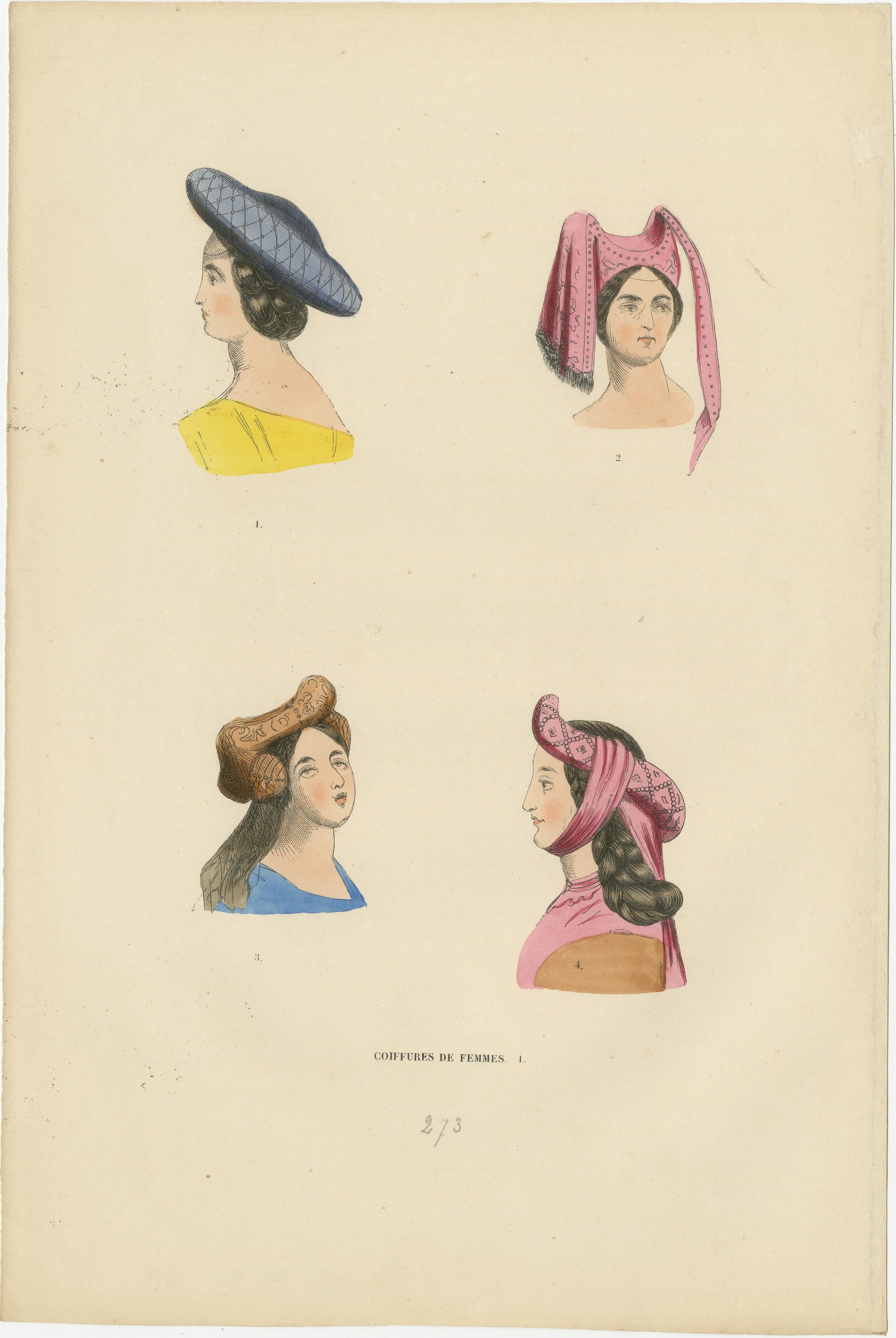 Costume du Moyen Âge: Porträts von eleganten Damen, veröffentlicht im Jahr 1847 im Zustand „Gut“ im Angebot in Langweer, NL