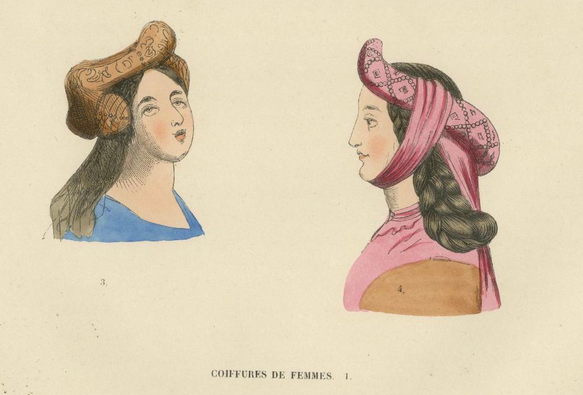 Costume du Moyen Âge: Porträts von eleganten Damen, veröffentlicht im Jahr 1847 (Mittleres 19. Jahrhundert) im Angebot