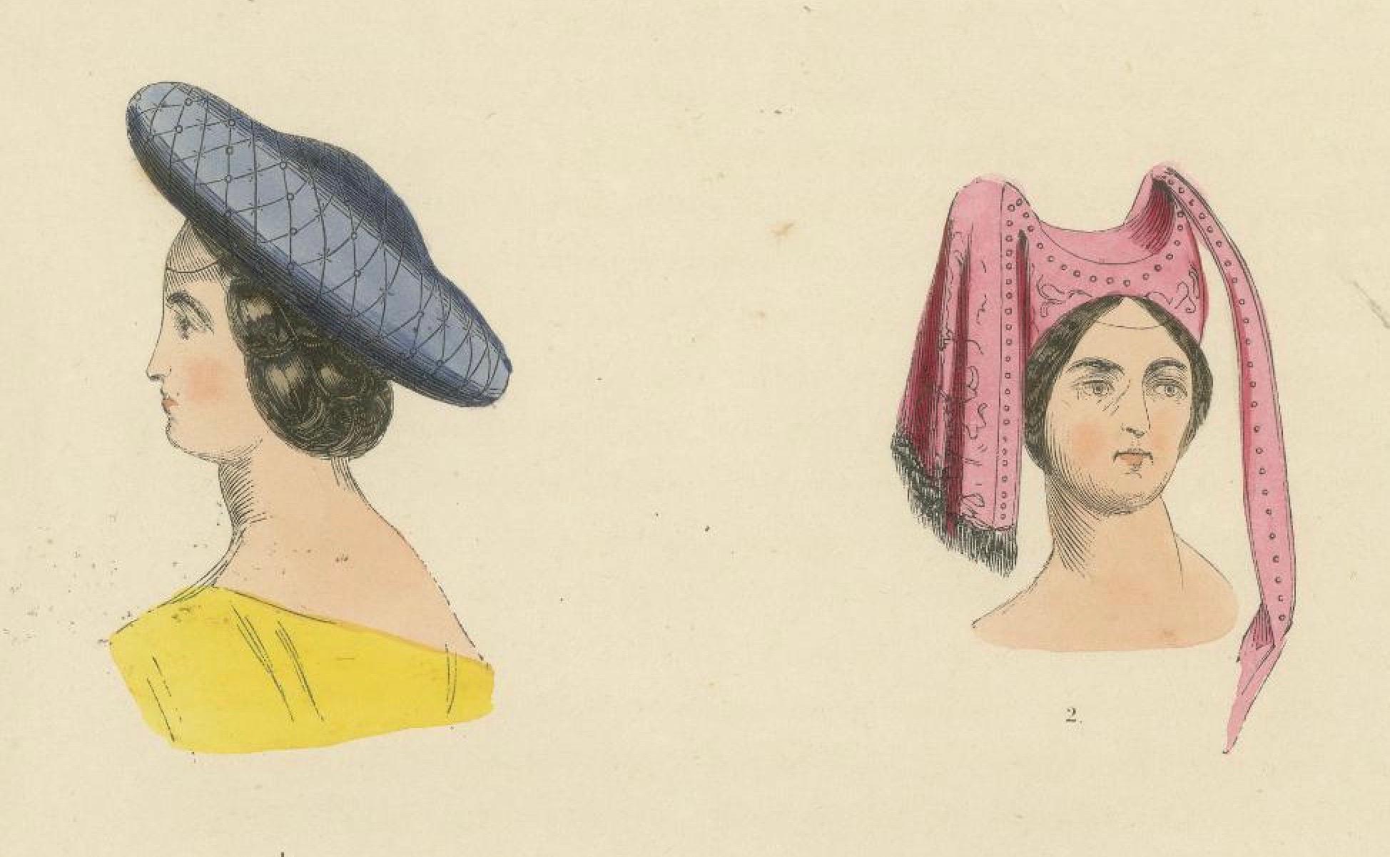 Costume du Moyen Âge: Porträts von eleganten Damen, veröffentlicht im Jahr 1847 (Papier) im Angebot
