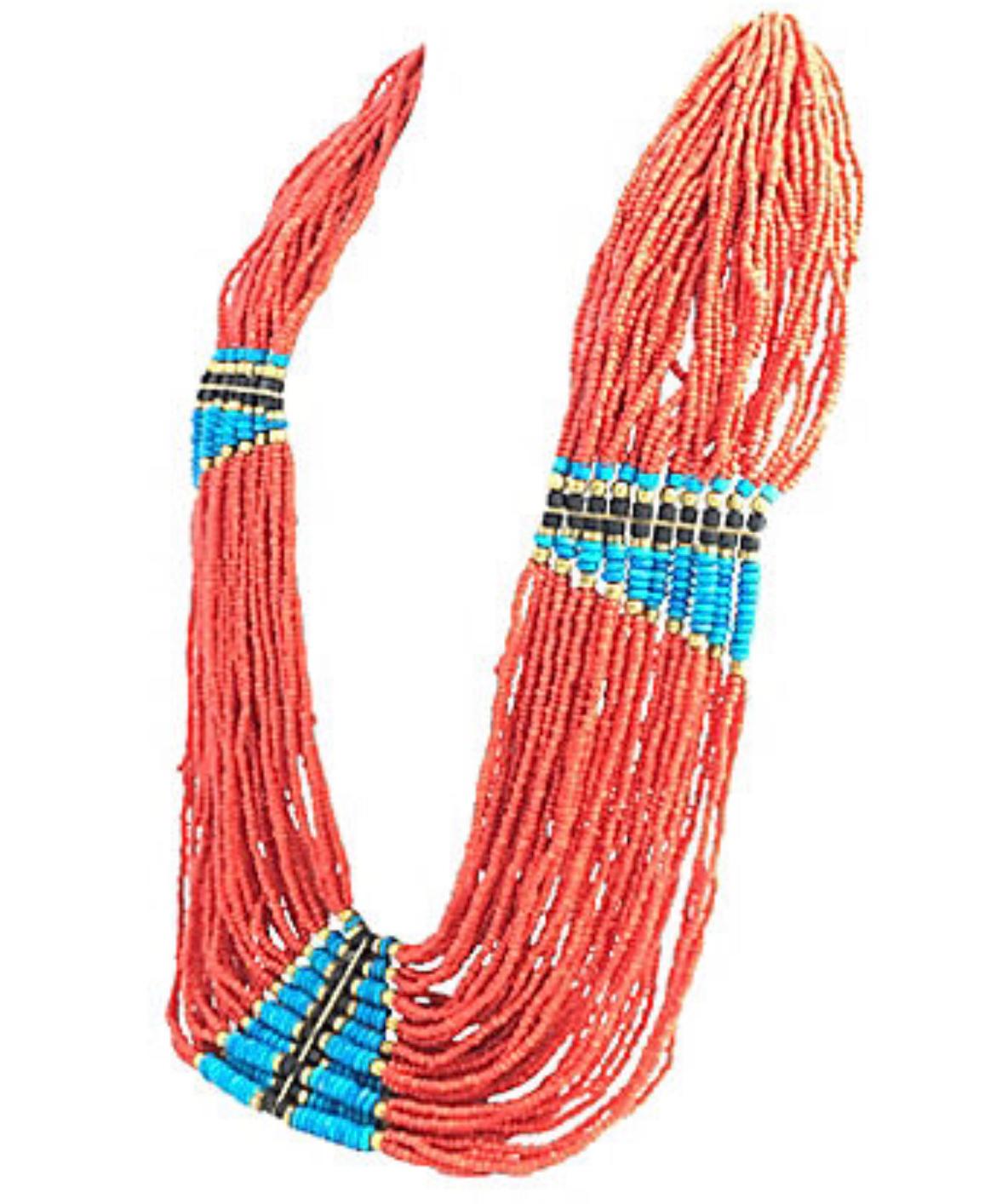 Costume Faux Turquoise and Coral Multi-Strand Ethnic Beaded Statement Necklace In Good Condition For Sale In Miami Beach, FL