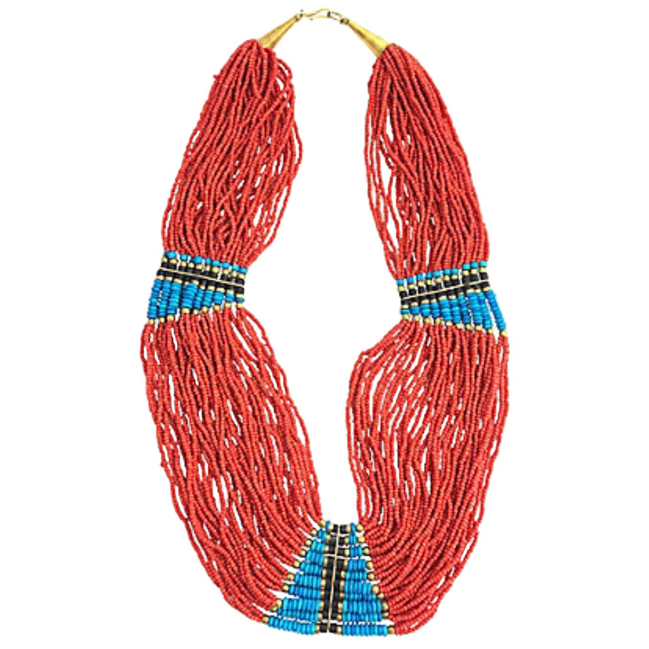 Costume Faux Turquoise and Coral Multi-Strand Ethnic Beaded Statement Necklace For Sale