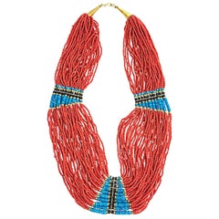 Costume Faux Turquoise and Coral Multi-Strand Ethnic Beaded Statement Necklace