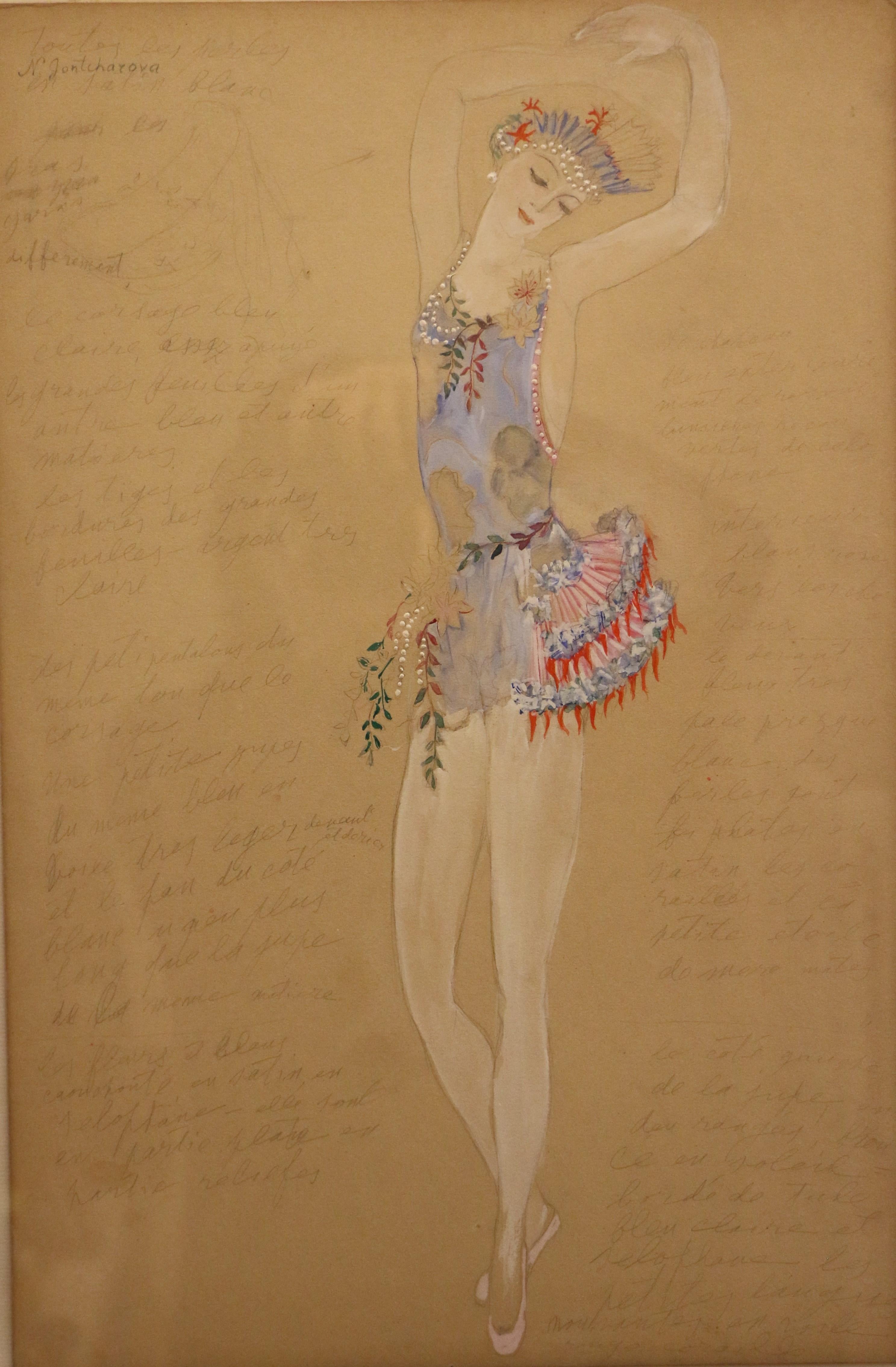 Study of a costume for a ballet dancer by Natalia Gontcharova (1881-1962).
Watercolor and pencil on light brown cardboard. Numerous annotations in French in pencil detailing materials and colors to be used e.g. 
