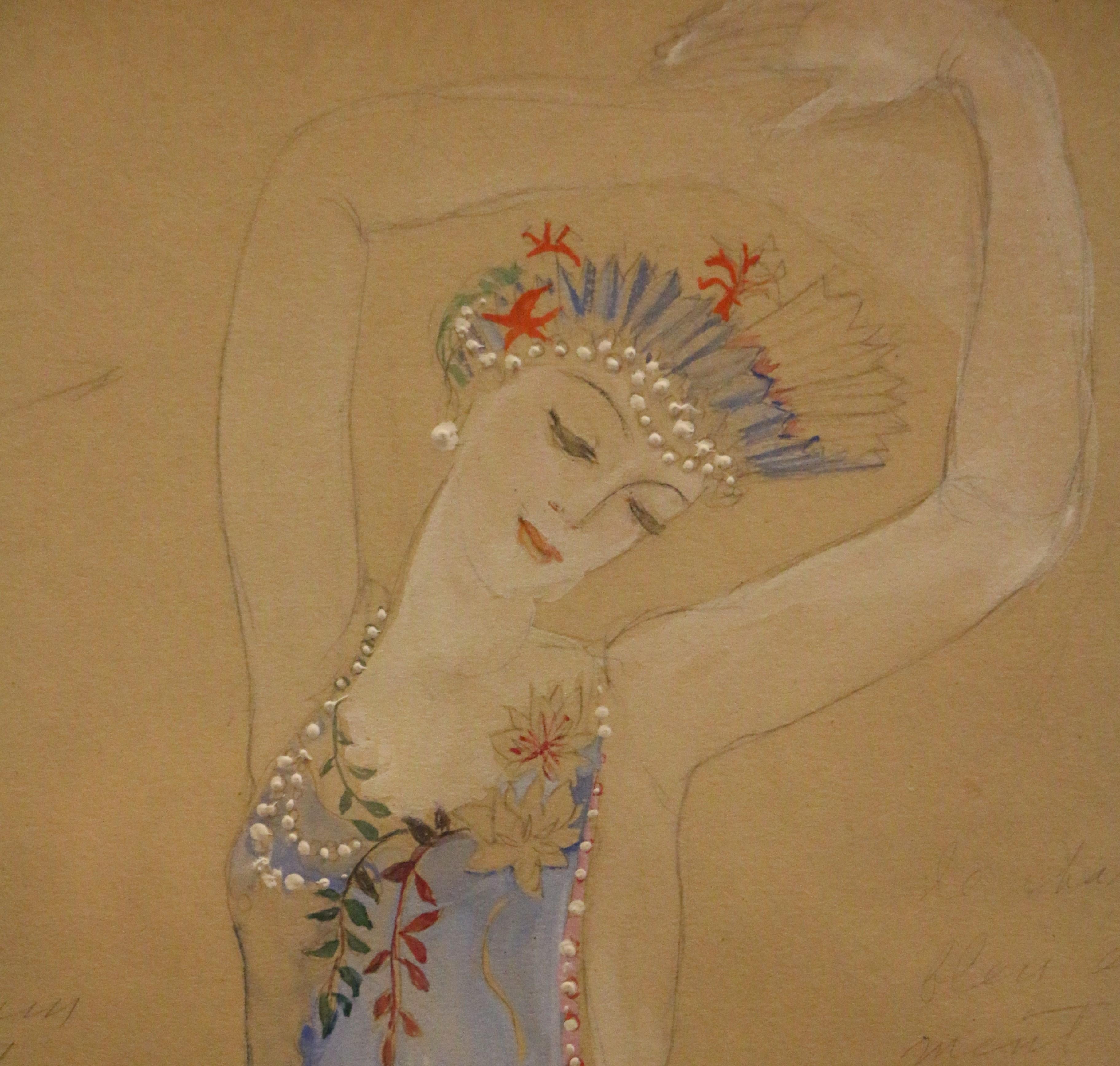 Costume for a Ballerine Dancer by Natalia Gontcharova, Watercolor and Pencil In Good Condition In Paris, FR