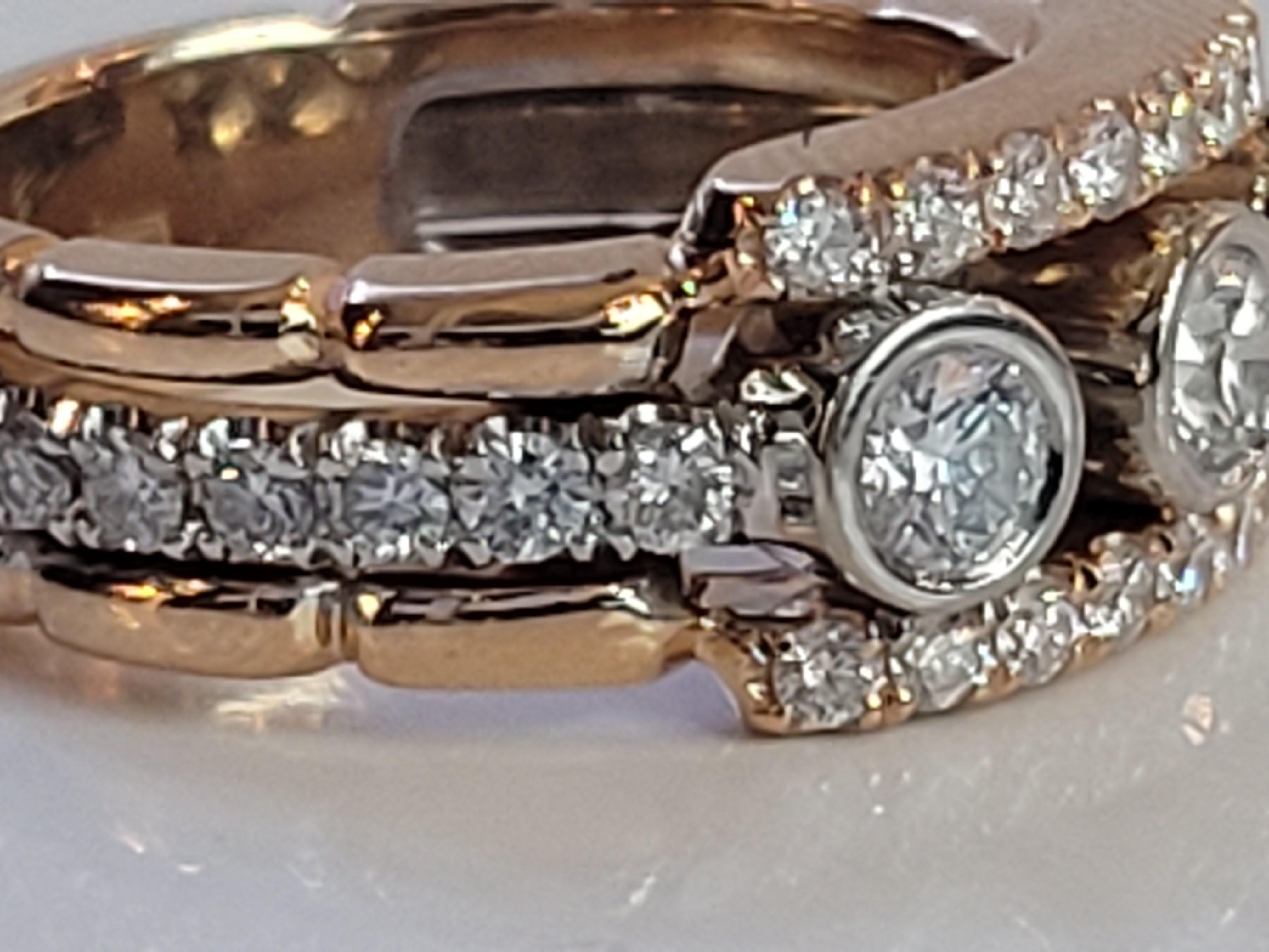 Brand Custom made 14k Rose gold
Gender Men
Ring size 9.12
Stone Diamond 
Center .33ct
Side .30ct
Totally 1.88ct 
Weight 15gr
Diamond clarity VVS
Color Grade F