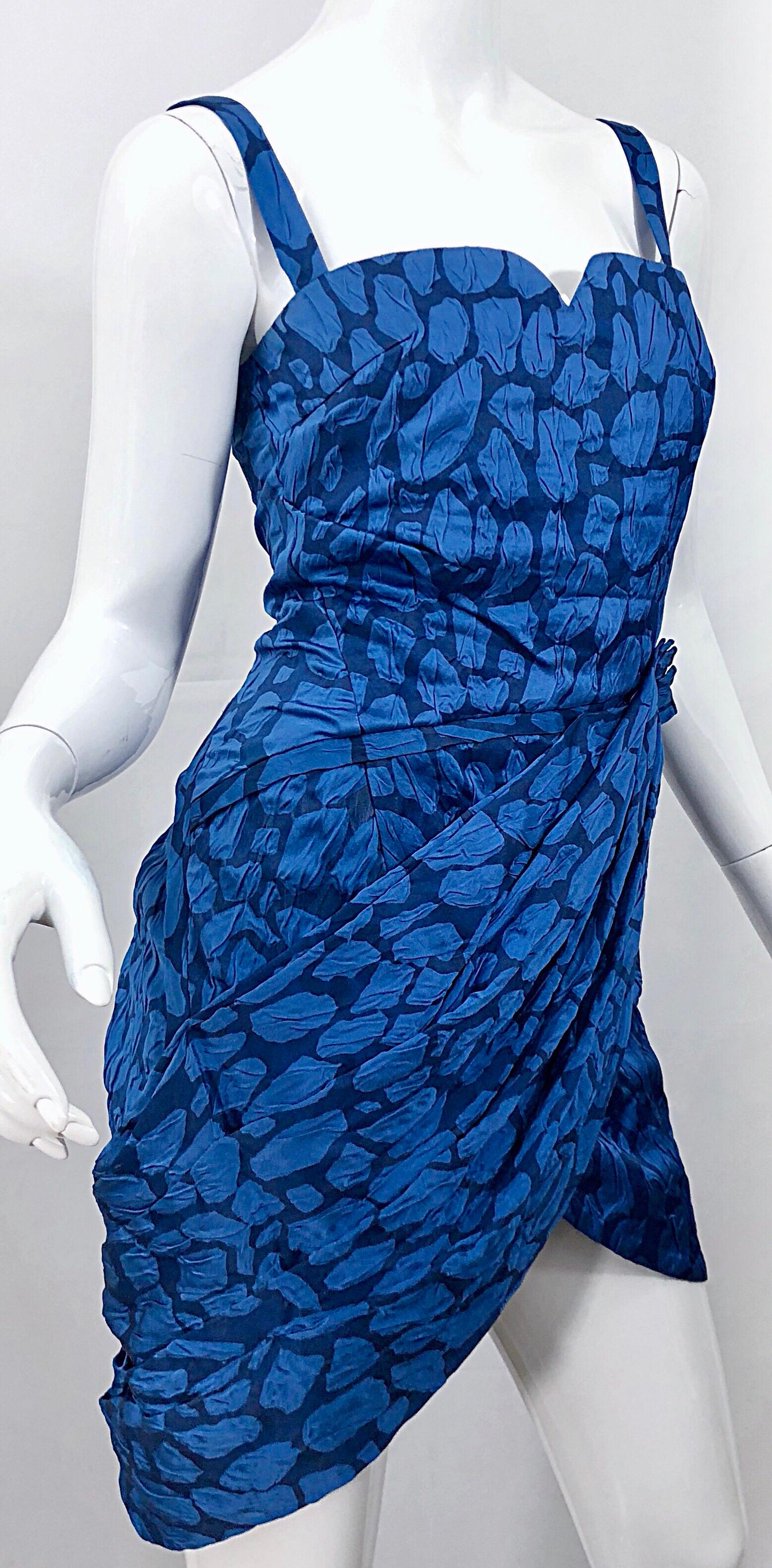 Costume National 2000s Blue Abstract Print Size 38 Silk Asymmetrical Mini Dress For Sale 3