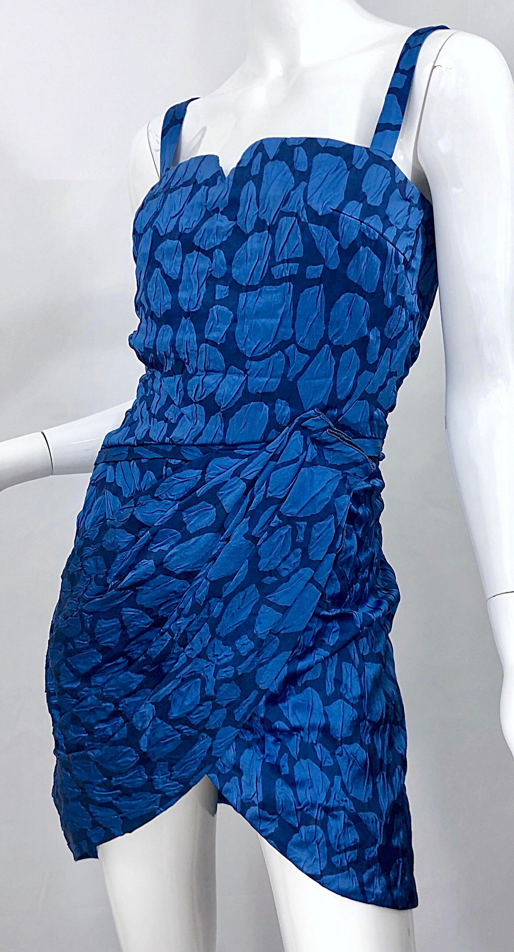 Costume National 2000s Blue Abstract Print Size 38 Silk Asymmetrical Mini Dress For Sale 4