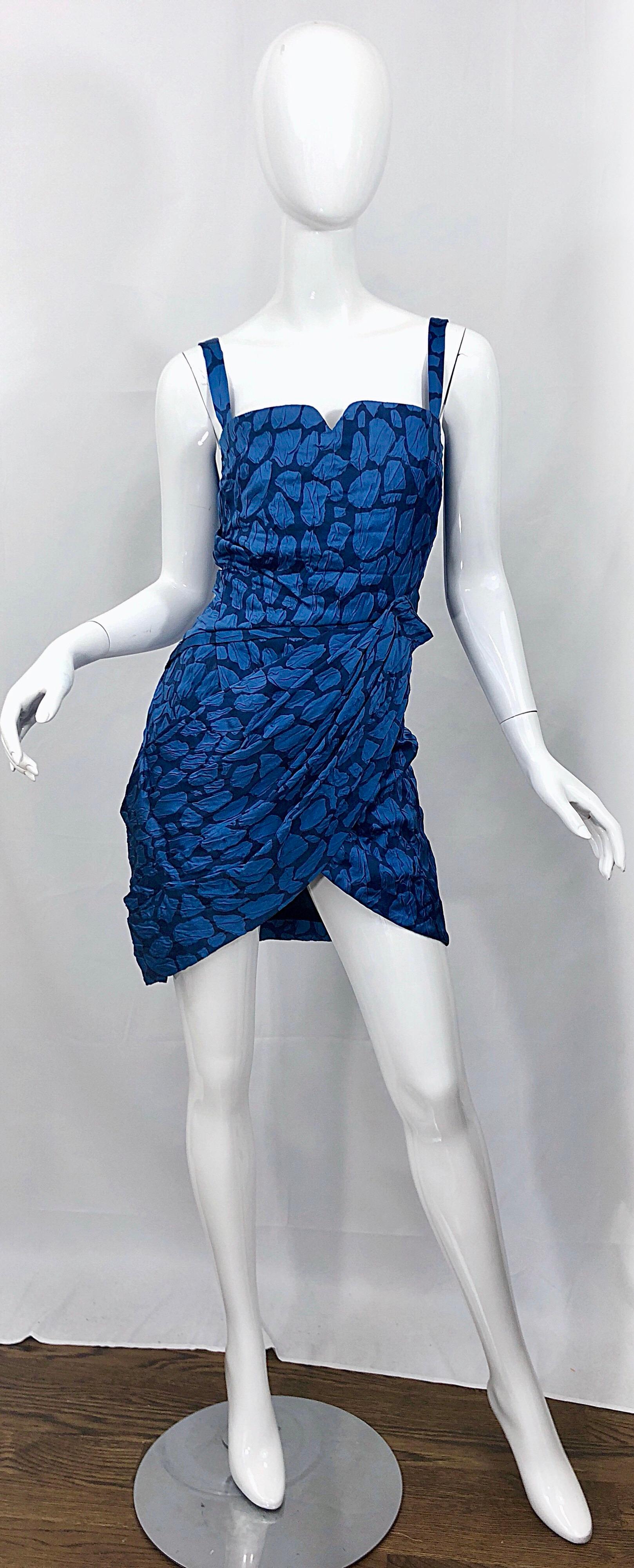 Costume National 2000s Blue Abstract Print Size 38 Silk Asymmetrical Mini Dress For Sale 5