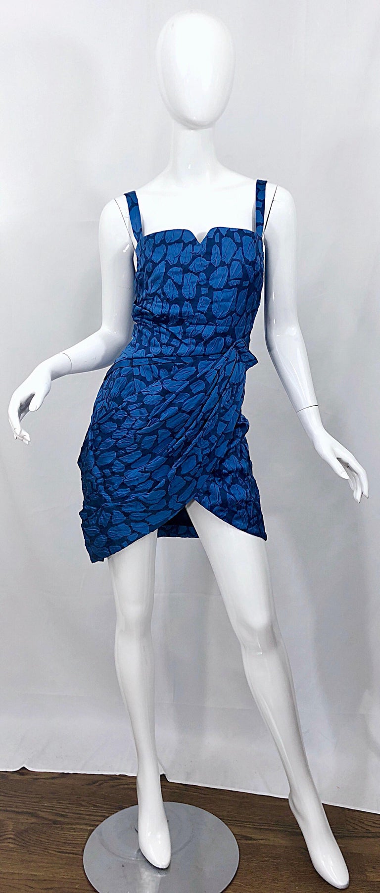 Costume National 2000s Blue Abstract Print Size 38 Silk Asymmetrical Mini Dress