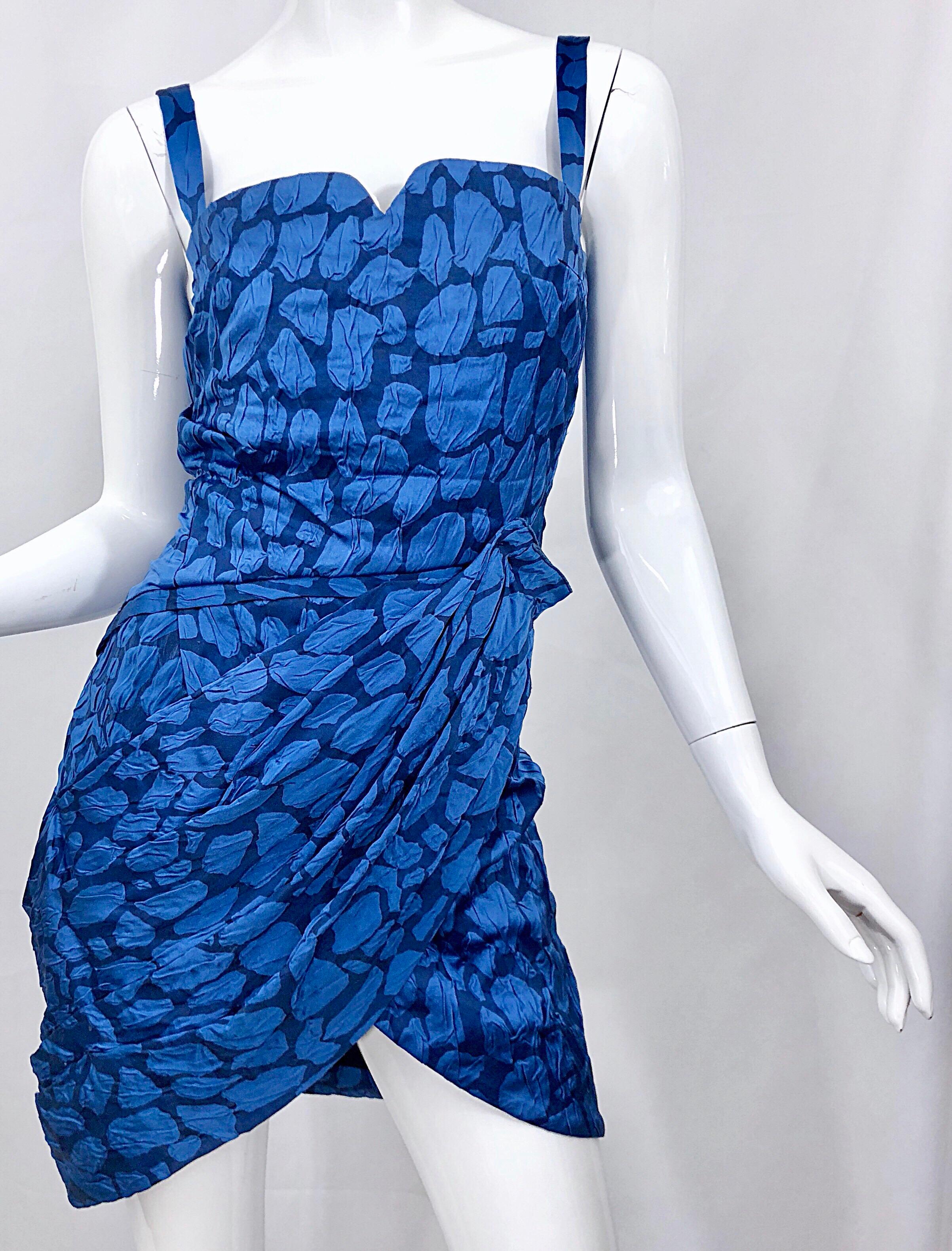 Costume National 2000s Blue Abstract Print Size 38 Silk Asymmetrical Mini Dress In Excellent Condition For Sale In San Diego, CA