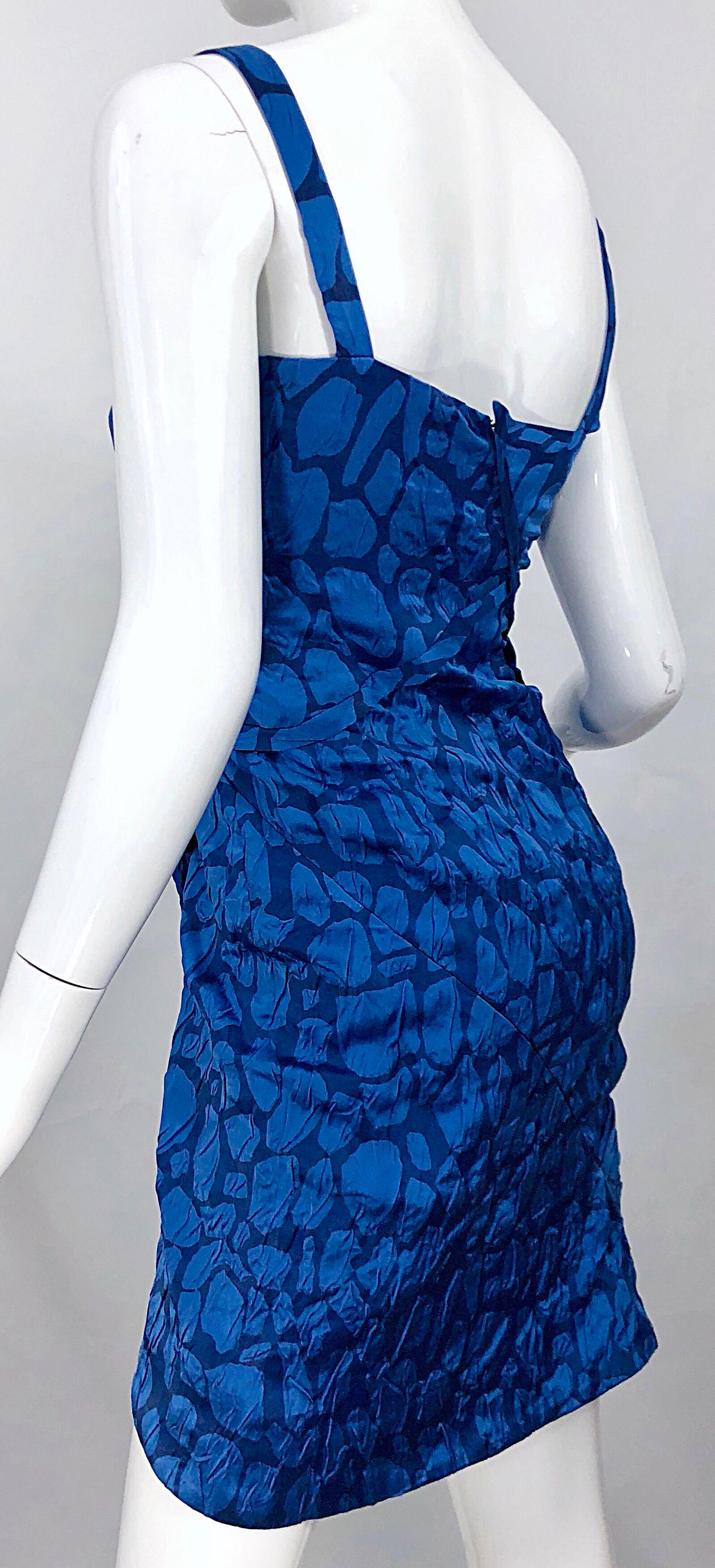 Women's Costume National 2000s Blue Abstract Print Size 38 Silk Asymmetrical Mini Dress For Sale