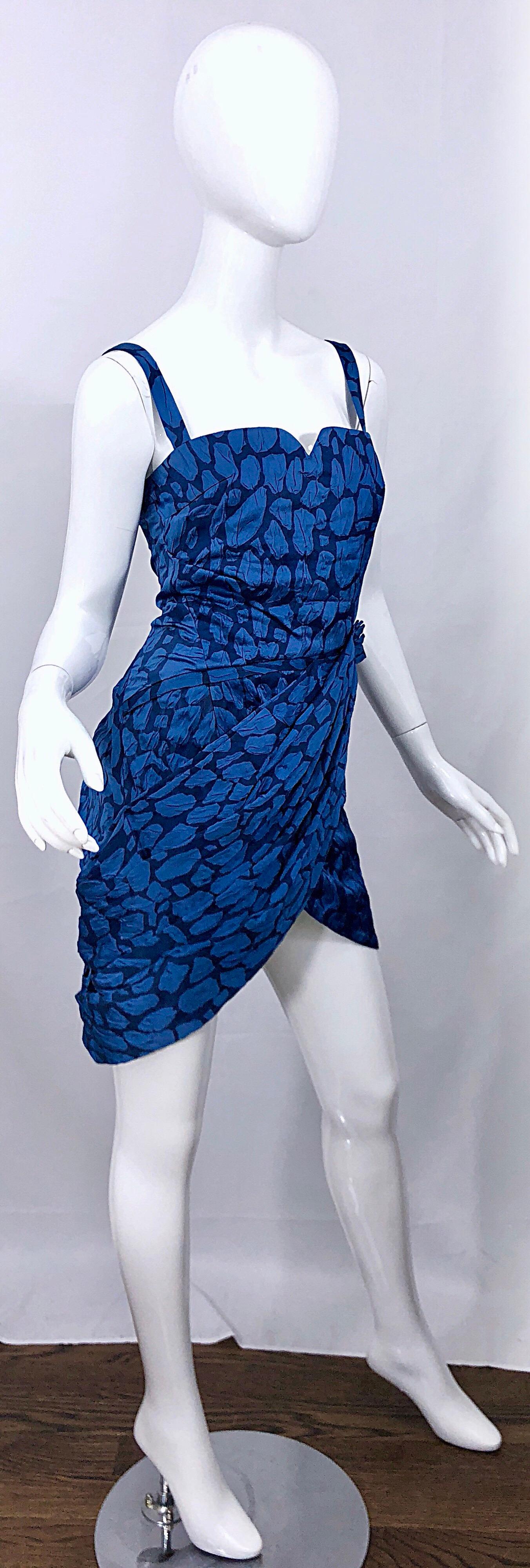 Costume National 2000s Blue Abstract Print Size 38 Silk Asymmetrical Mini Dress For Sale 1
