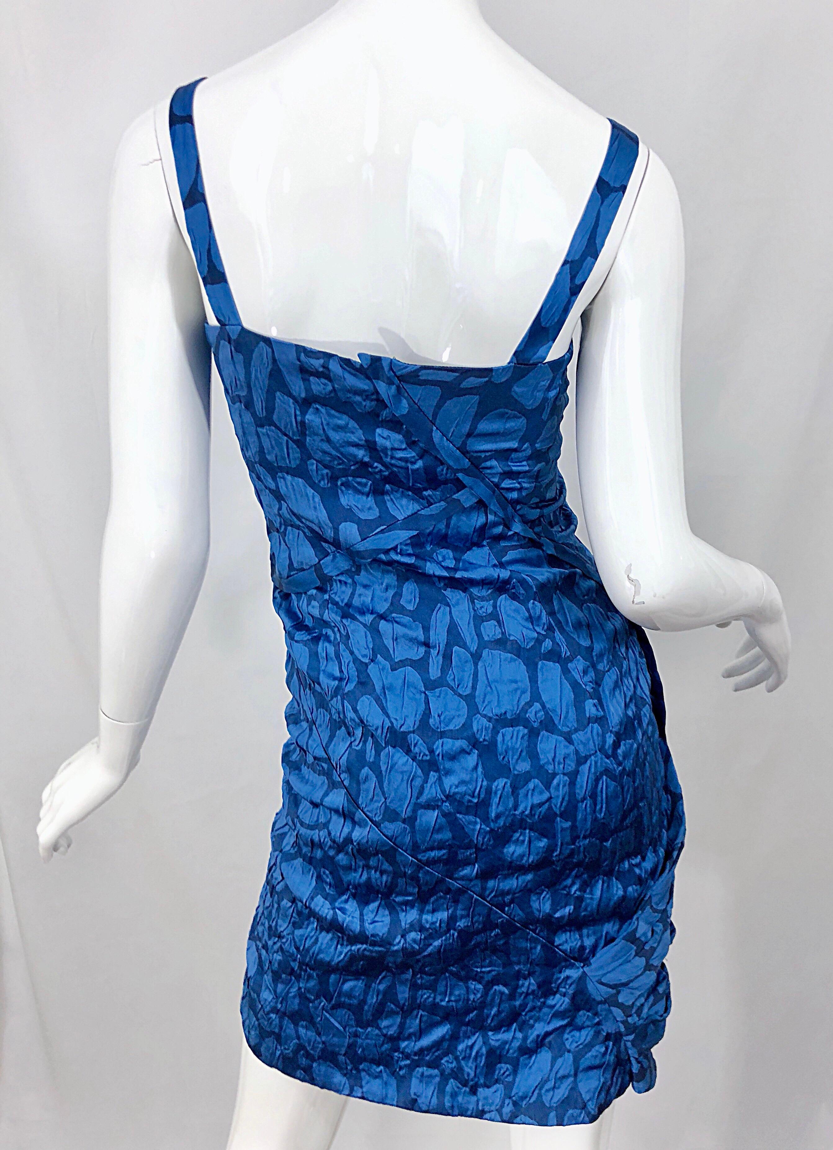 Costume National 2000s Blue Abstract Print Size 38 Silk Asymmetrical Mini Dress For Sale 2