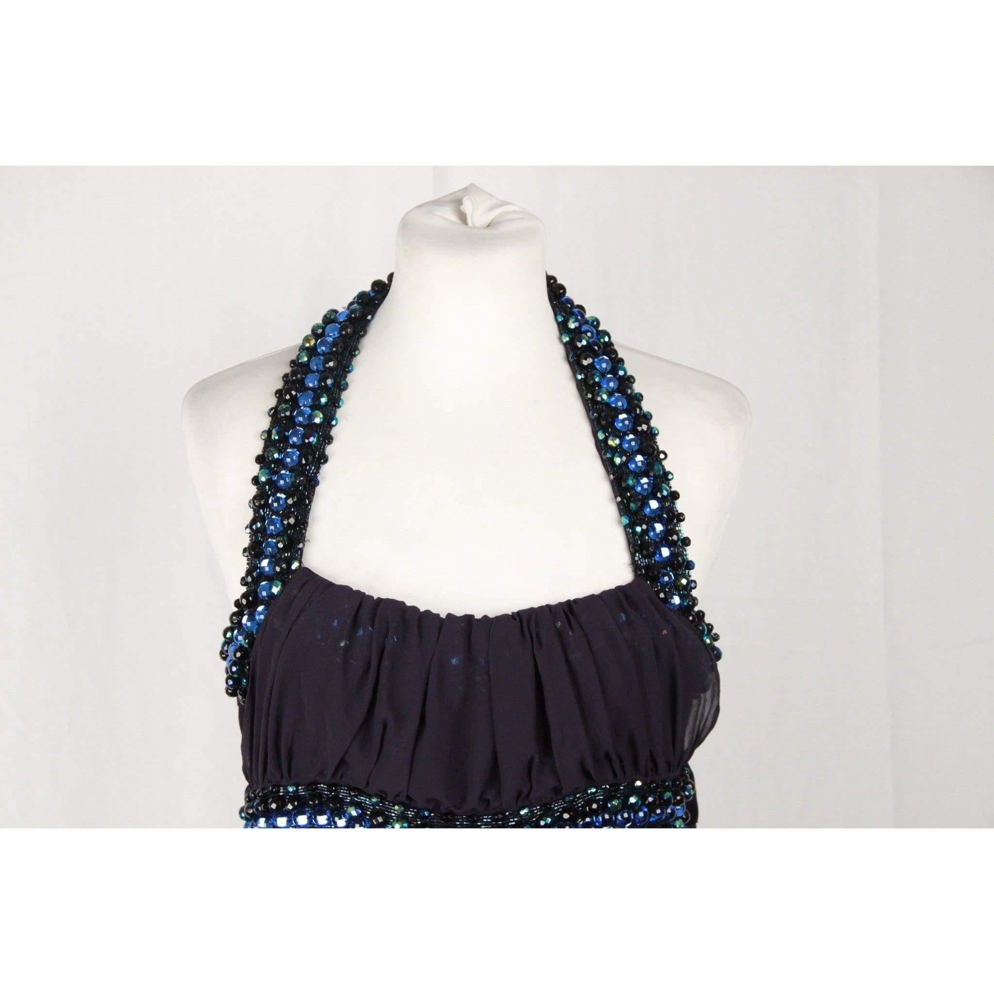 COSTUME NATIONAL Blue Beaded Straps EMBELLISHED SILK DRESS Size 40 2
