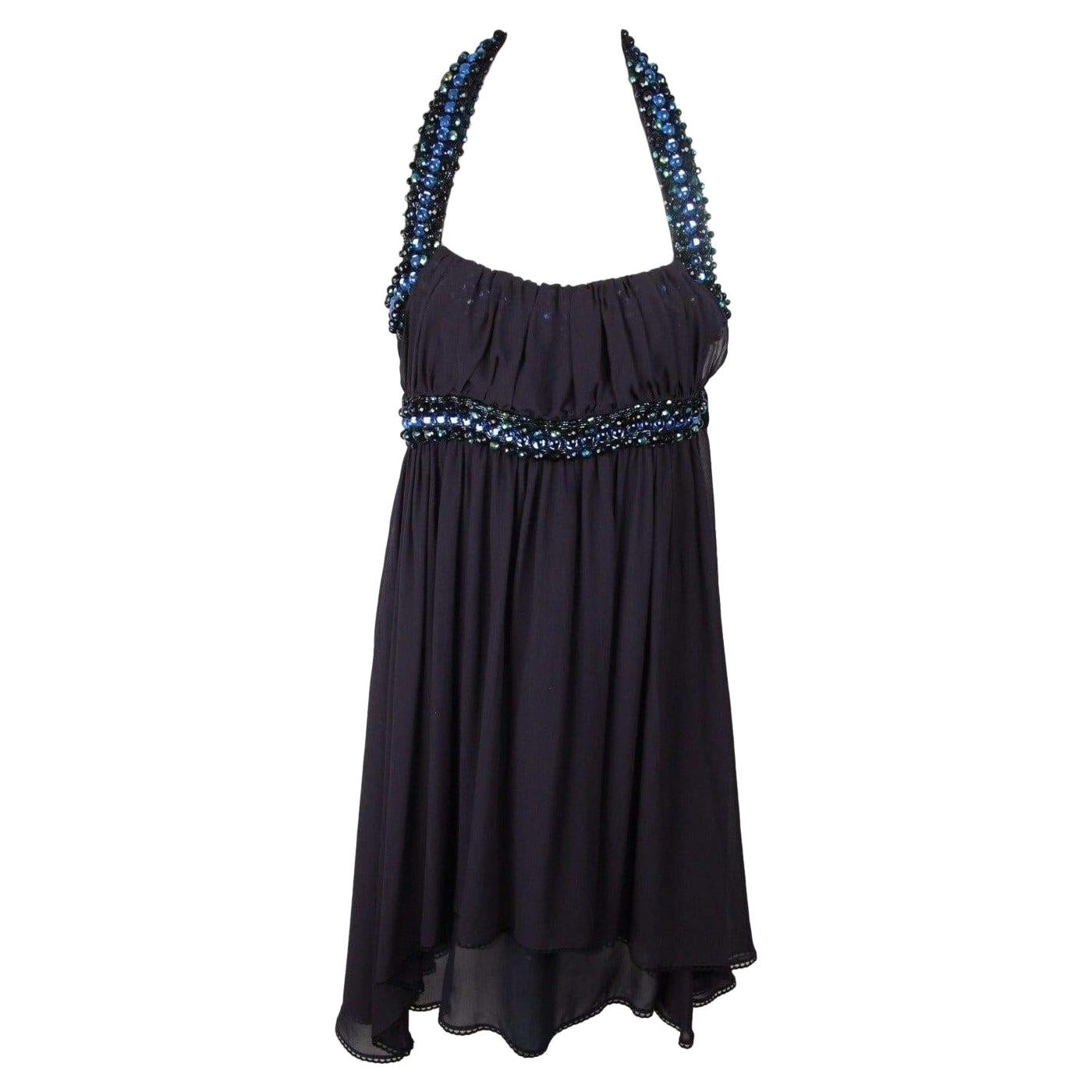 COSTUME NATIONAL Blue Beaded Straps EMBELLISHED SILK DRESS Size 40