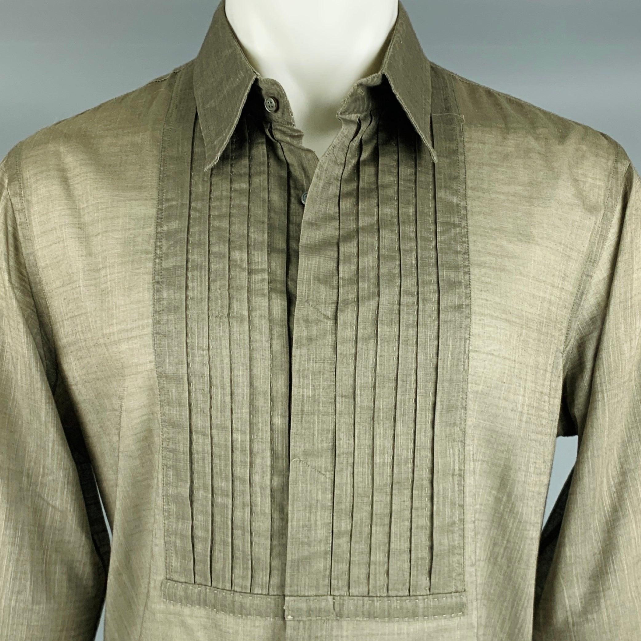 CoSTUME NATIONAL long sleeve tuxedo shirt
in a taupe cotton blend fabric featuring pleated accordion front, cutaway collar, and hidden button closure. Made in Italy.Very Good Pre-Owned Condition. Minor signs of wear. 

Marked:   size not marked.