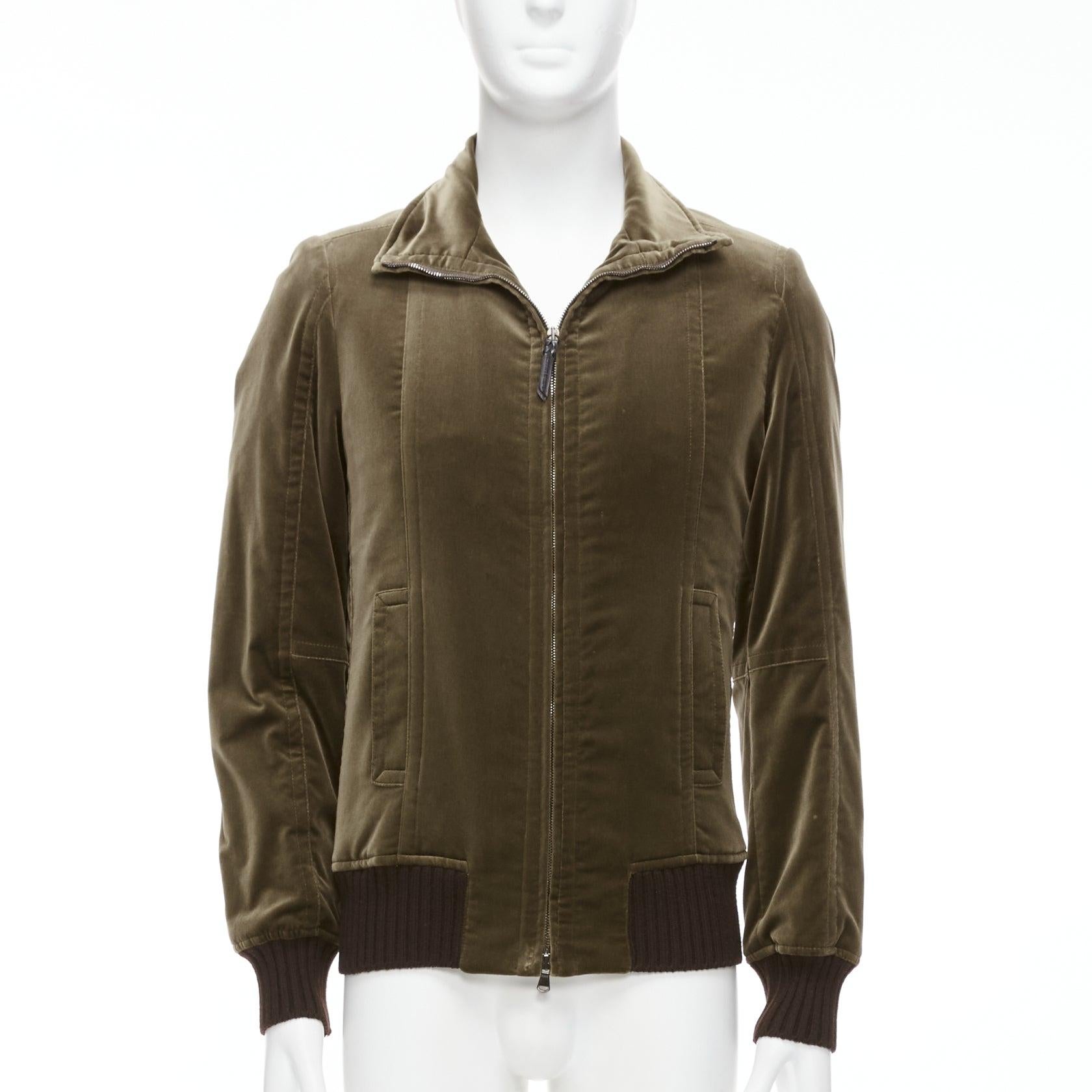 COSTUME NATIONAL smoked khaki cotton blend velvet panelled zip bomber IT50 L In Fair Condition For Sale In Hong Kong, NT