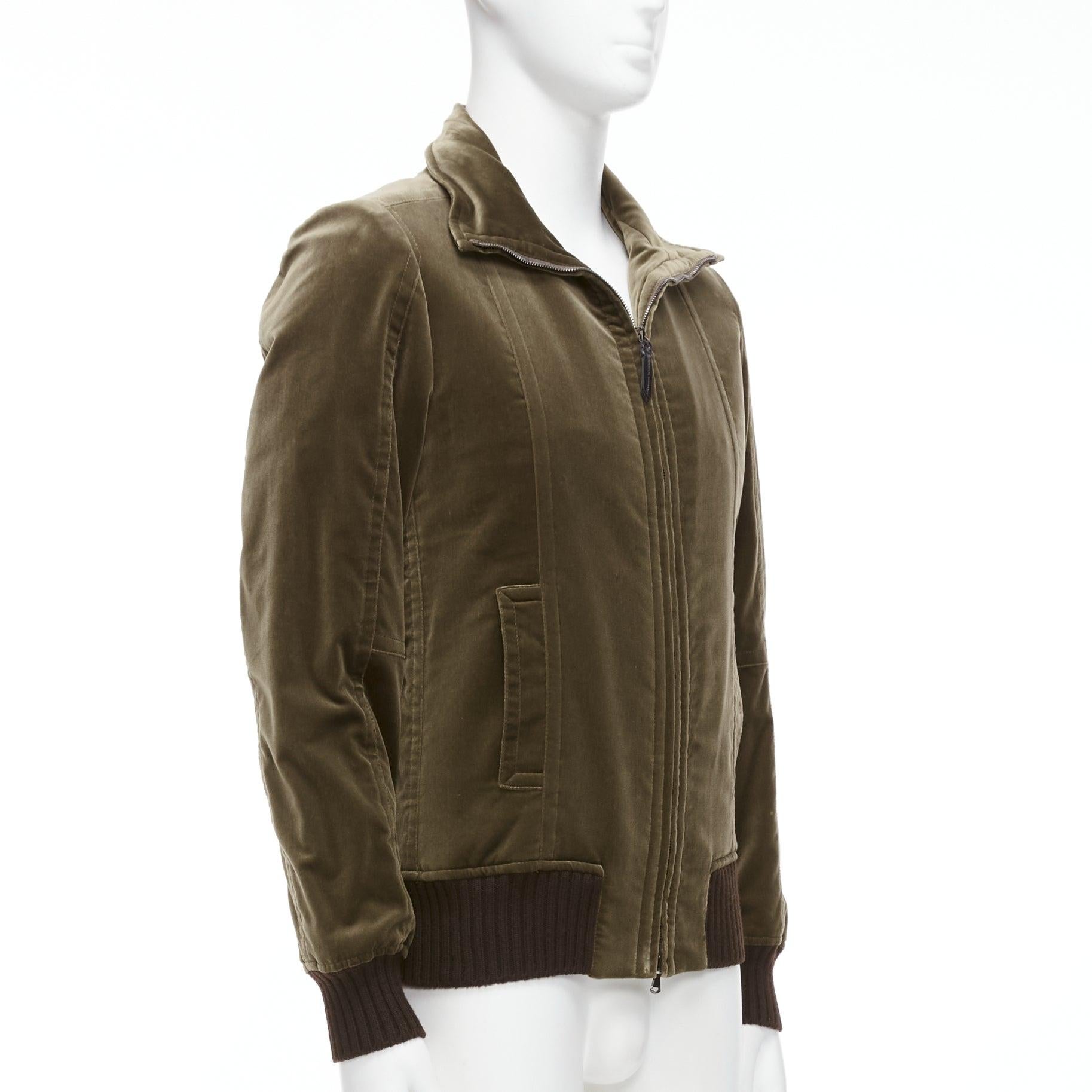 COSTUME NATIONAL smoked khaki cotton blend velvet panelled zip bomber IT50 L In Fair Condition For Sale In Hong Kong, NT