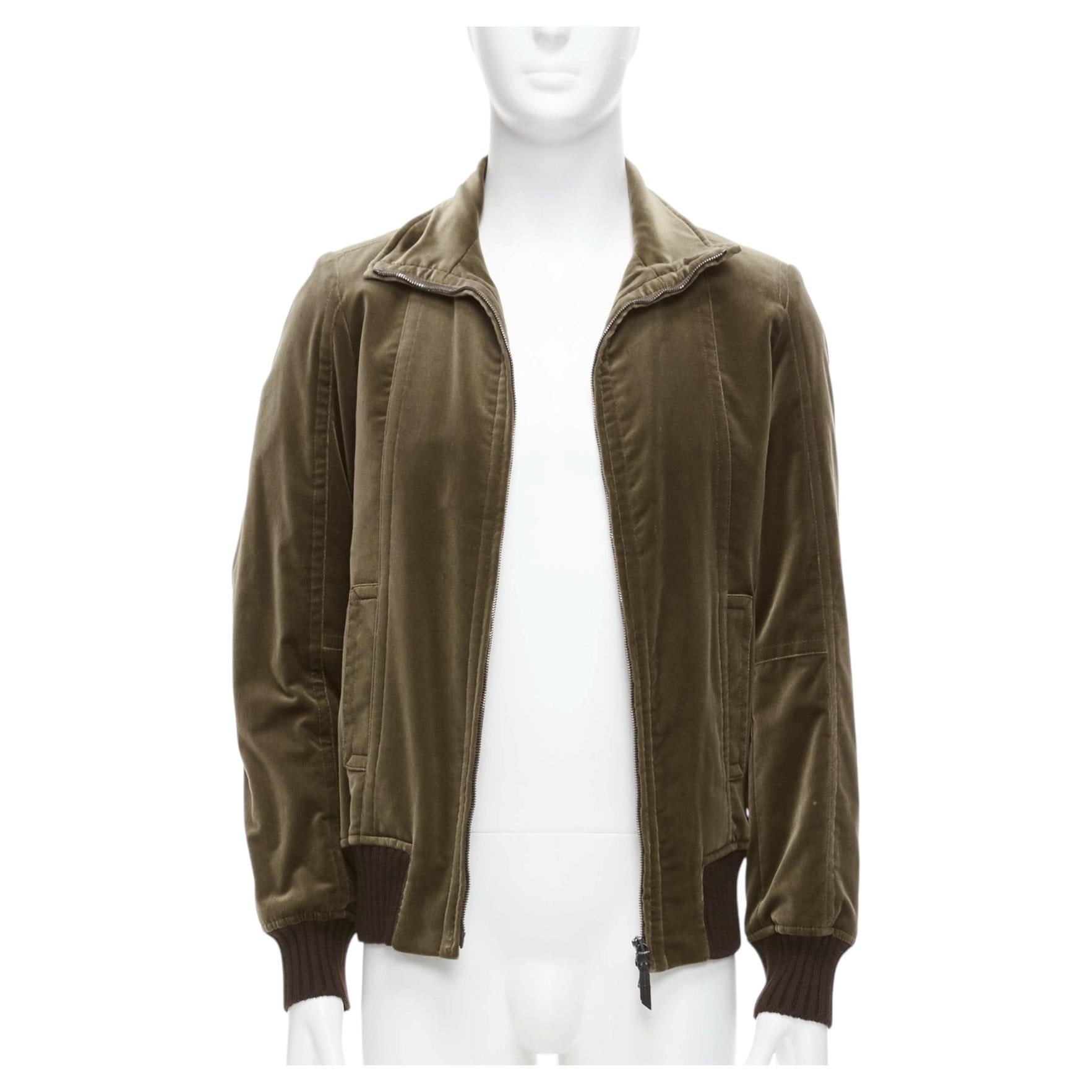 COSTUME NATIONAL smoked khaki cotton blend velvet panelled zip bomber IT50 L For Sale
