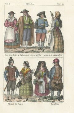 Costume of Salamanca, Leon, Avila and Catalonia, Hand Colored Lithograph, 1842