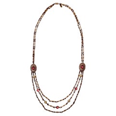 Costume Pearl & Pink Rhinestone 14k Gold Plated Multi-Strand Necklace circa 1960