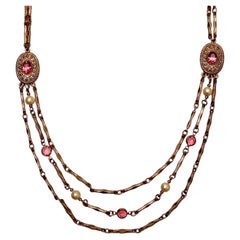 Costume Pearl & Pink Rhinestone 14k Gold Plated Multi-Strand Necklace circa 1960