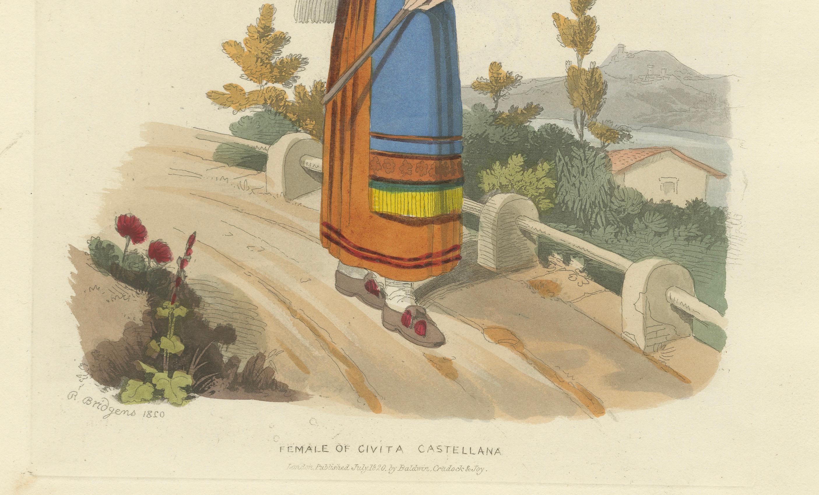 Kostümdruck: Frau von Civita Castellana, 1820 Handkolorierter Kupferstich

Dieser ansprechende handkolorierte Stich zeigt eine Frau in traditioneller Kleidung aus Civita Castellana, einer malerischen Stadt in Mittelitalien. Dieser 1820 von Baldwin,