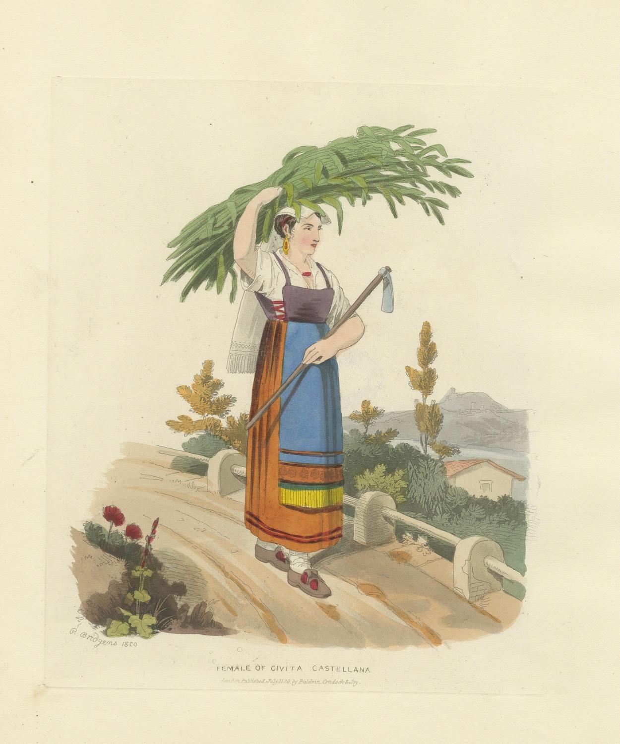 Kostümdruck: Frau von Civita Castellana, 1820 Handkolorierter Kupferstich (Papier) im Angebot