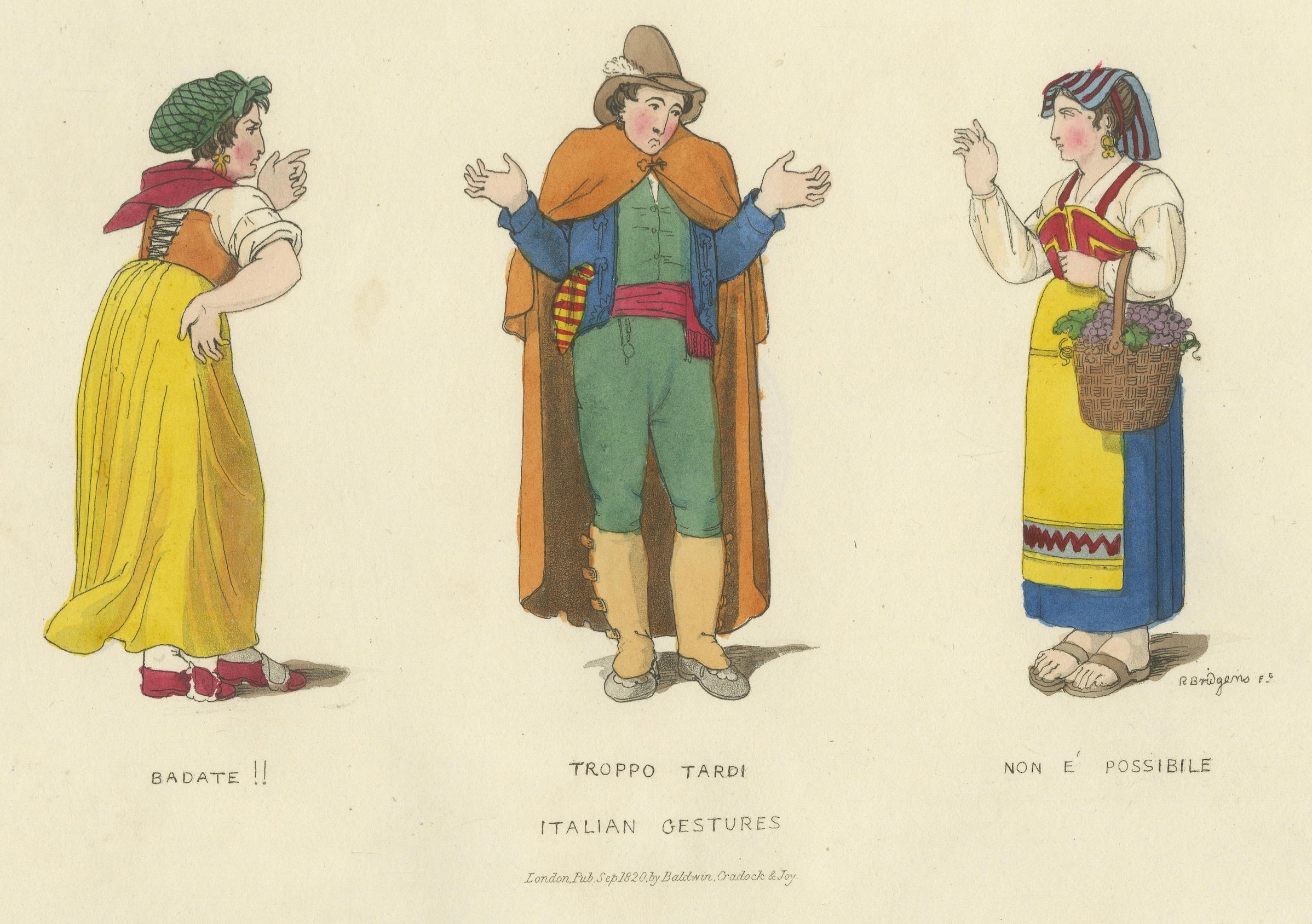 Gravure en costume : Gestes italiens avec vêtements traditionnels, gravure des années 1820 coloriée à la main

Cette attrayante gravure colorée à la main, intitulée *Gestes italiens*, capture un moment animé de la vie de la rue italienne en