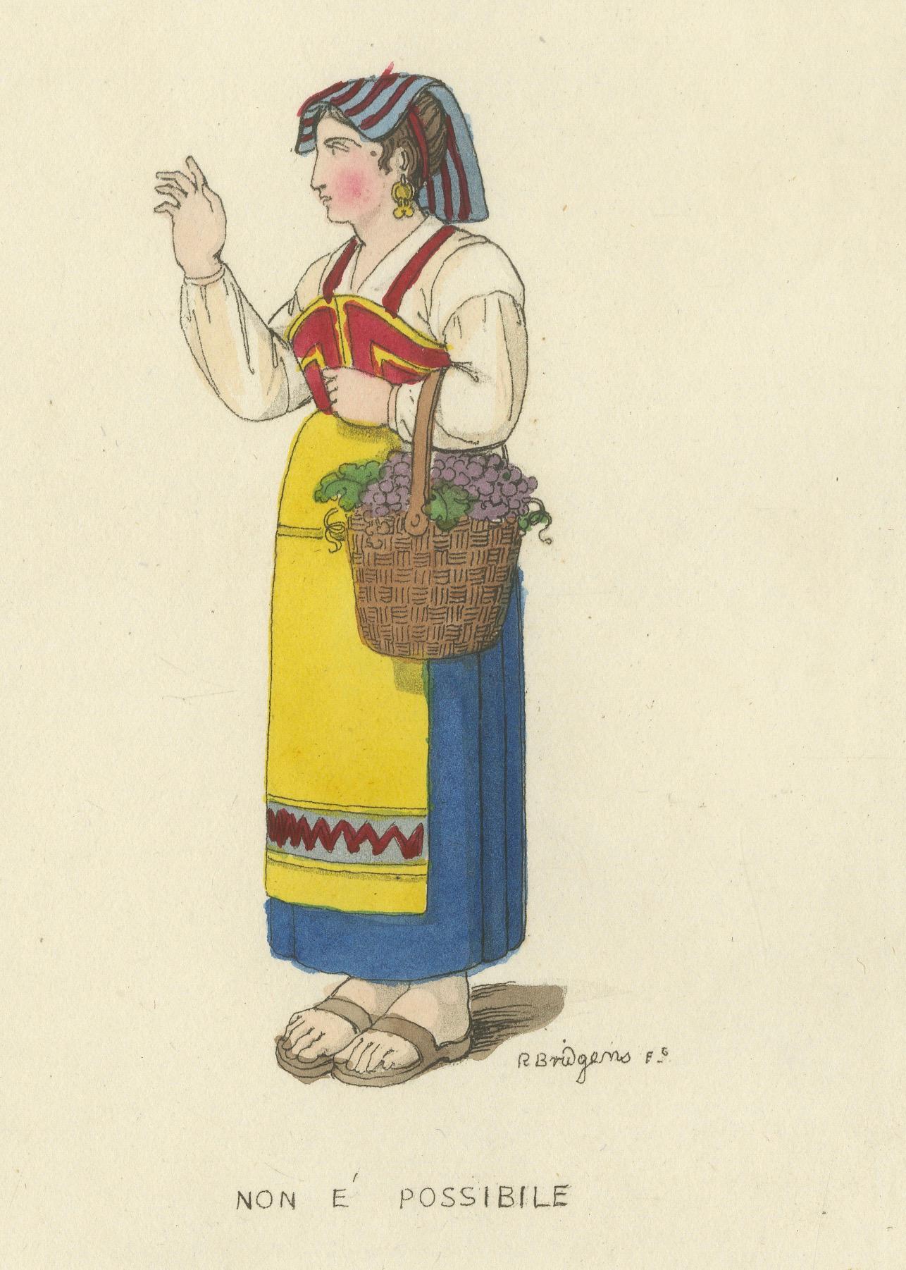 Gravure en costume : Gestes italiens avec vêtements traditionnels, gravure des années 1820 Bon état - En vente à Langweer, NL