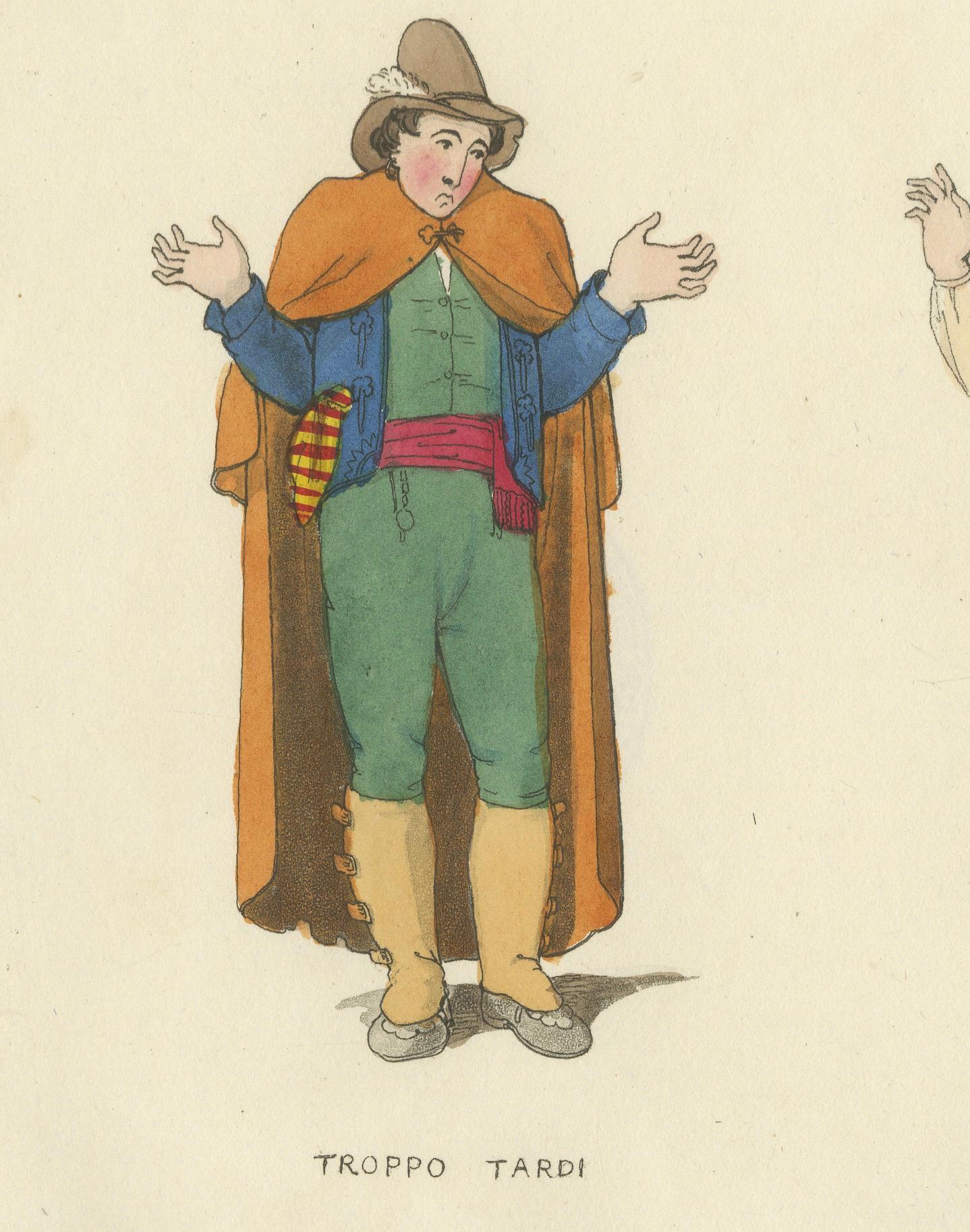 Début du XIXe siècle Gravure en costume : Gestes italiens avec vêtements traditionnels, gravure des années 1820 en vente