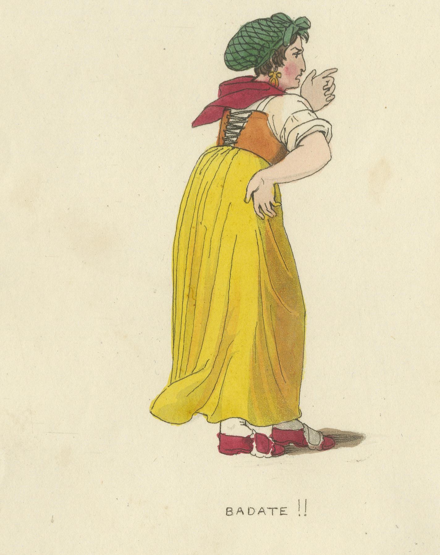 Papier Gravure en costume : Gestes italiens avec vêtements traditionnels, gravure des années 1820 en vente