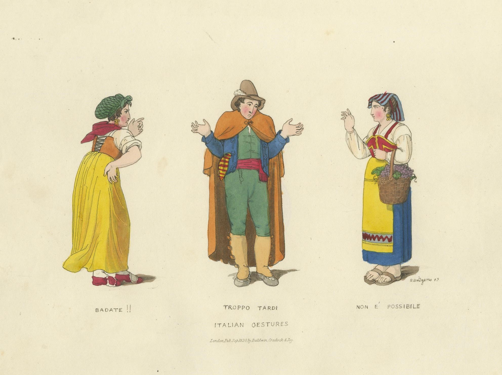 Gravure en costume : Gestes italiens avec vêtements traditionnels, gravure des années 1820 en vente 1