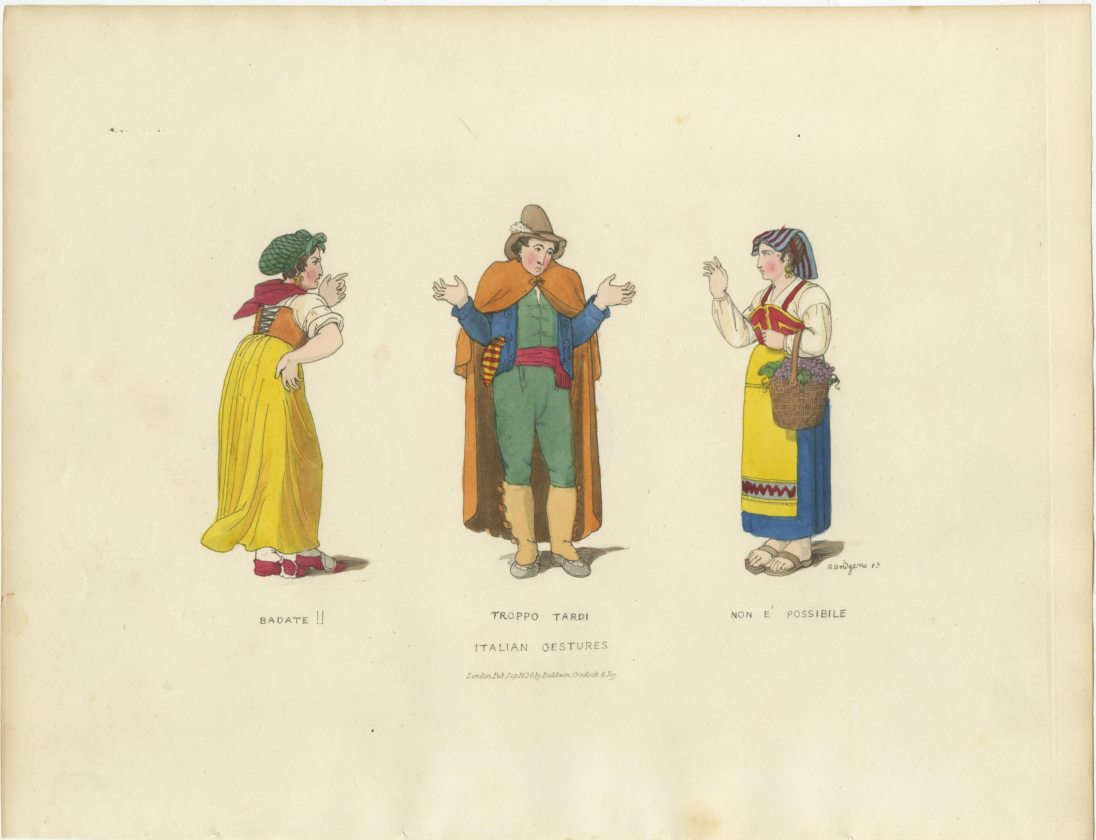 Gravure en costume : Gestes italiens avec vêtements traditionnels, gravure des années 1820 en vente 2