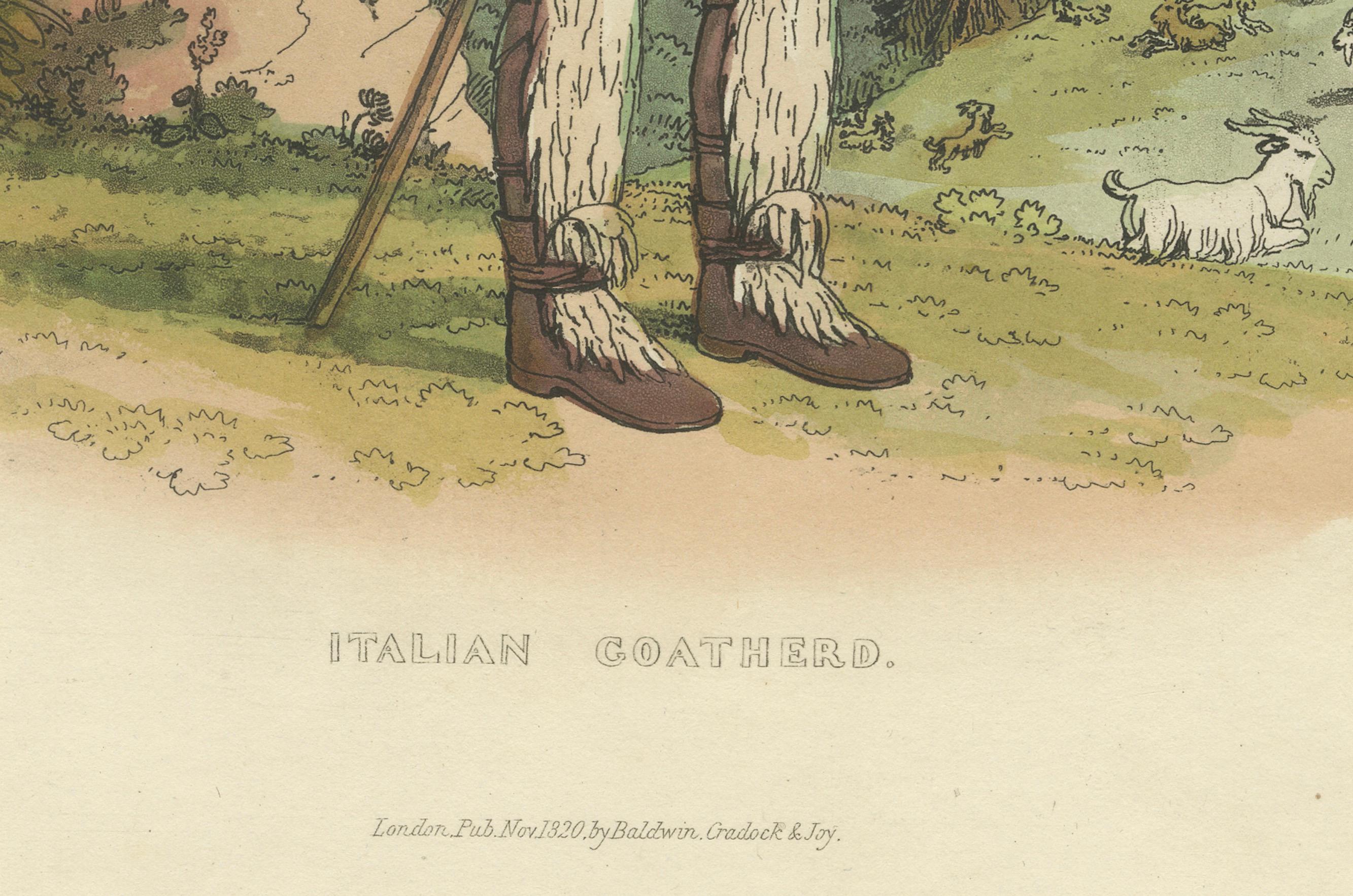Gravure de costume : Le chevrier italien dans les Hilles, gravure à la main des années 1820

Cette charmante gravure coloriée à la main représente un chevrier italien en costume traditionnel, dans le décor idyllique de la campagne italienne. Publiée