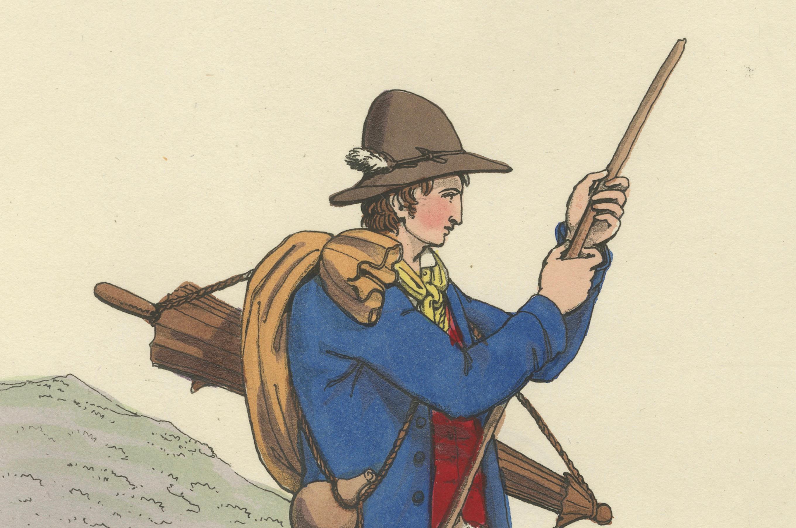 Milieu du XIXe siècle Gravure de costume : Le chevrier italien dans les Hilles, gravure à la main des années 1820 en vente
