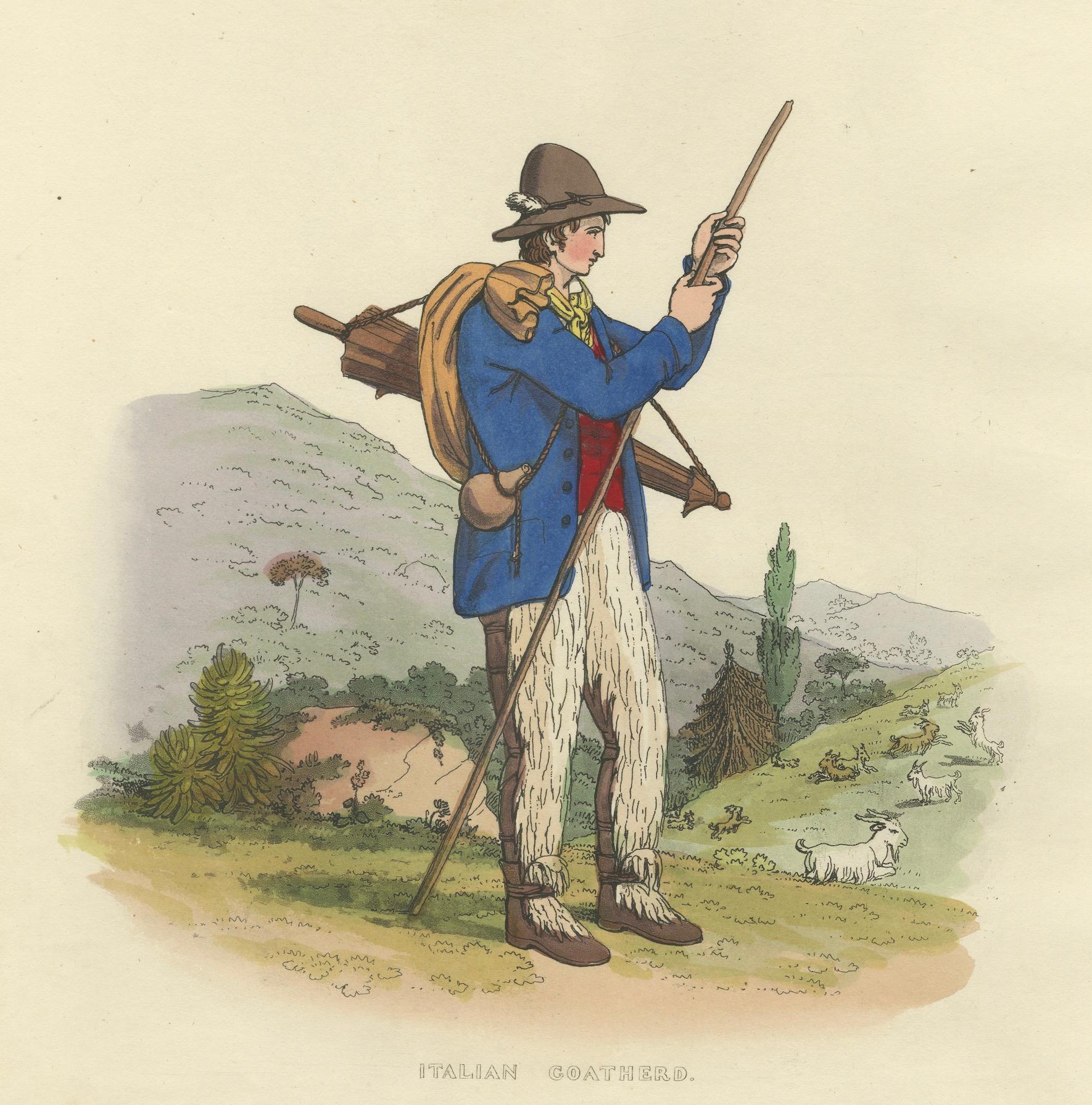 Papier Gravure de costume : Le chevrier italien dans les Hilles, gravure à la main des années 1820 en vente