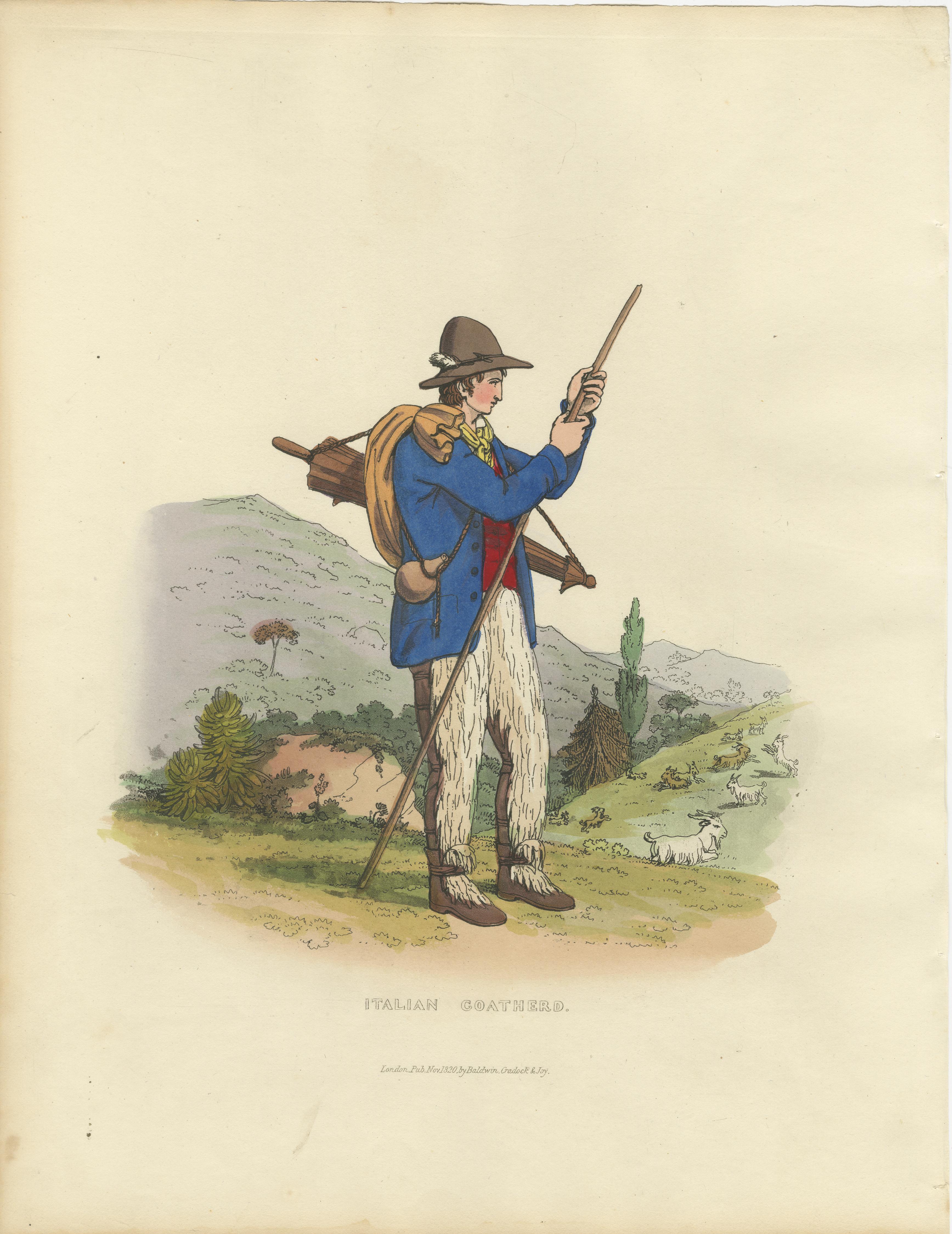Gravure de costume : Le chevrier italien dans les Hilles, gravure à la main des années 1820 en vente 2
